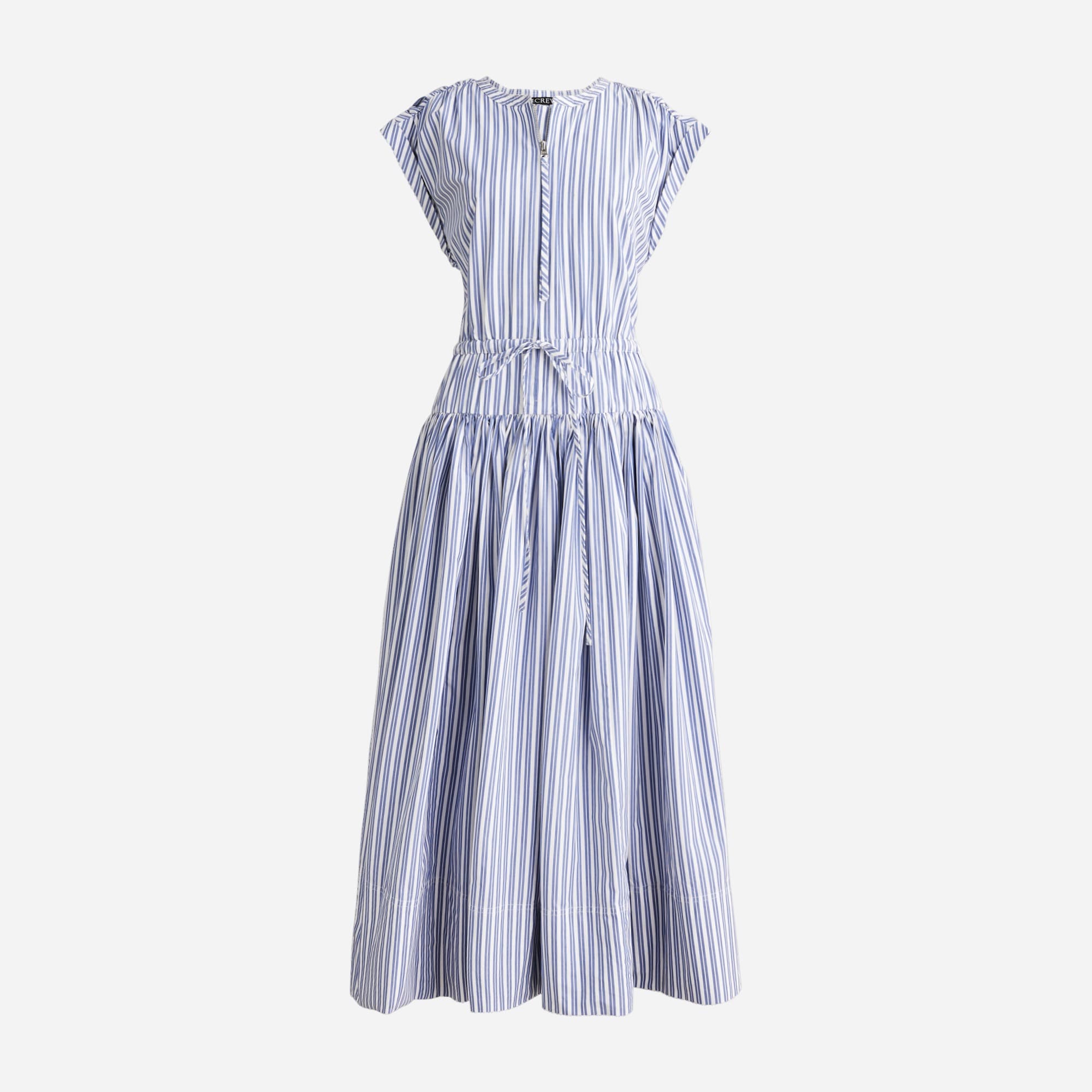  Drop-waist midi dress in striped cotton poplin