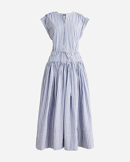  Drop-waist midi dress in striped cotton poplin