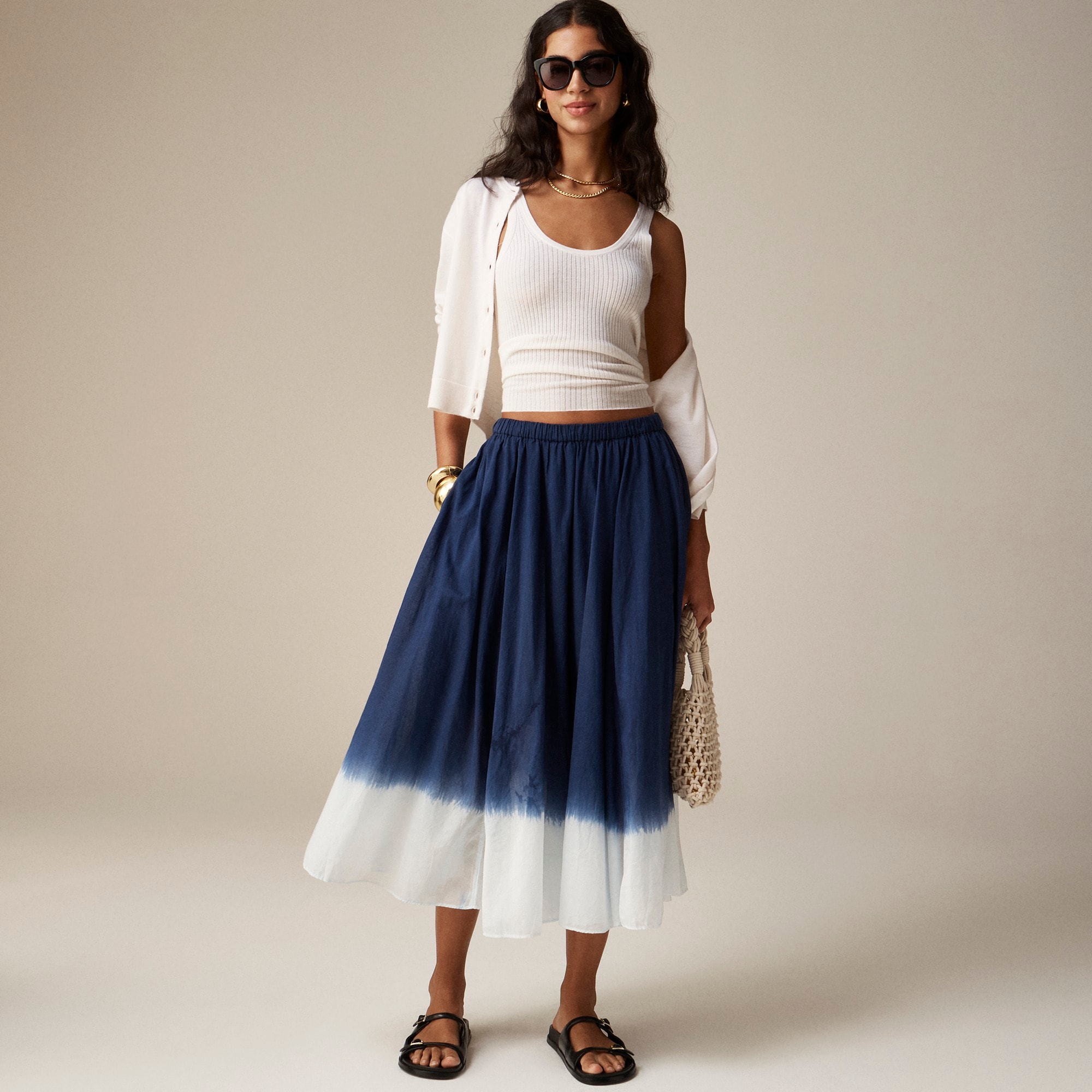 j.crew: pull-on midi skirt in dip-dyed cotton voile for women