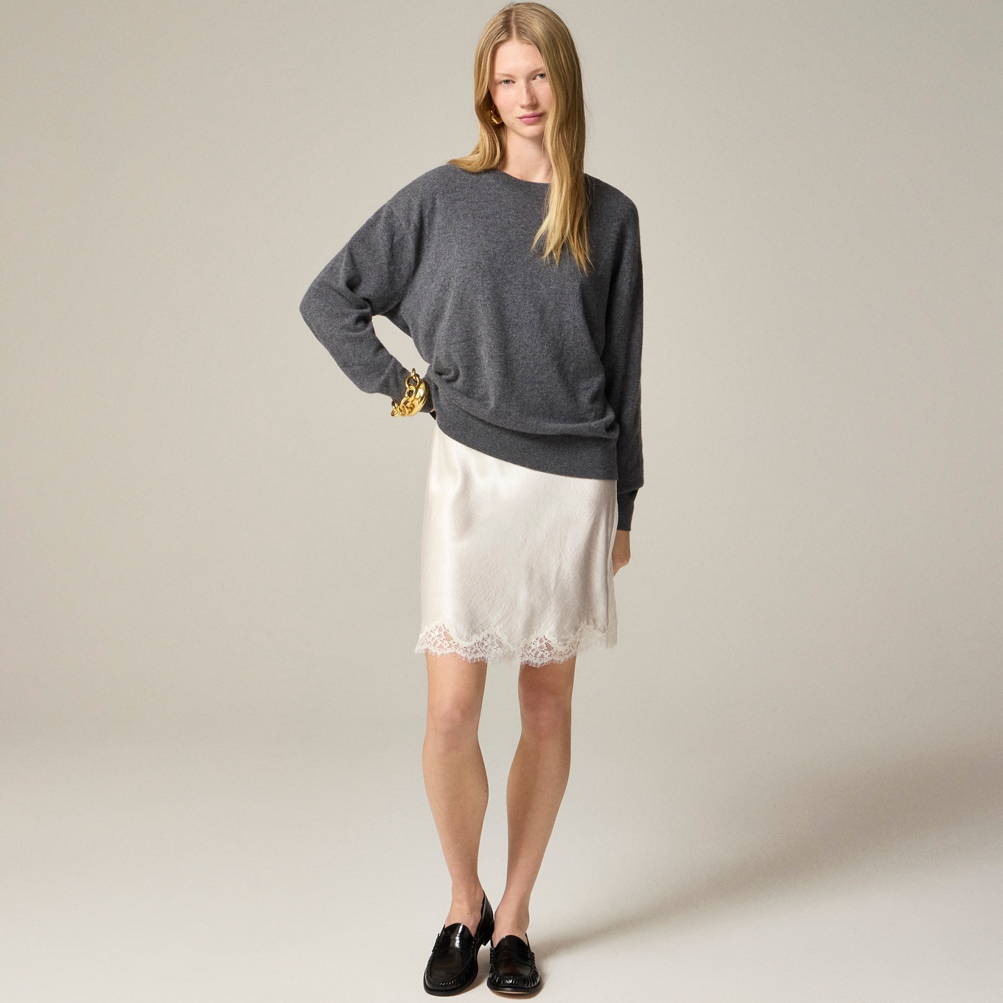 Gwen lace-trim slip skirt in textured satin