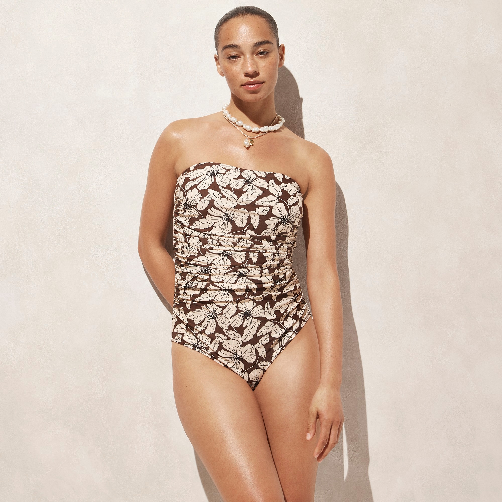 womens Ruched bandeau one-piece swimsuit in floral