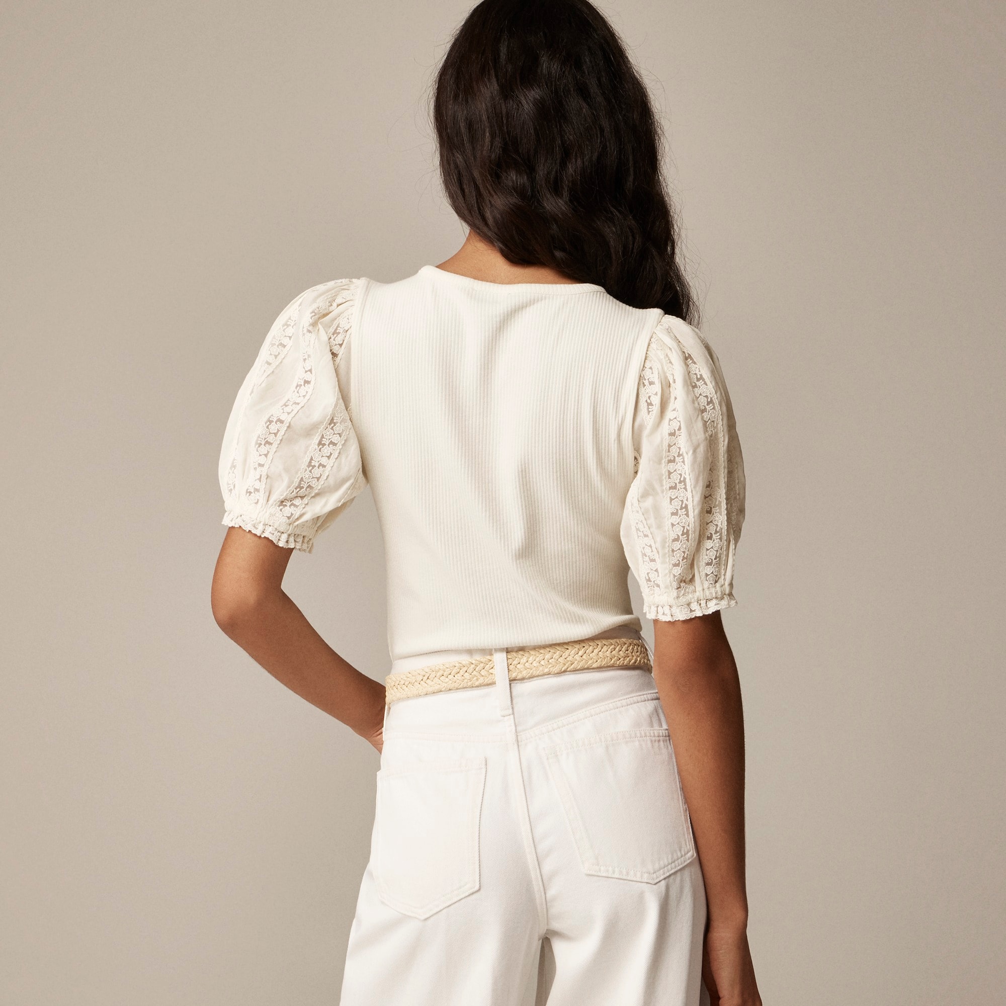 J.Crew: Vintage Rib Top With Lace Puff Sleeves For Women 