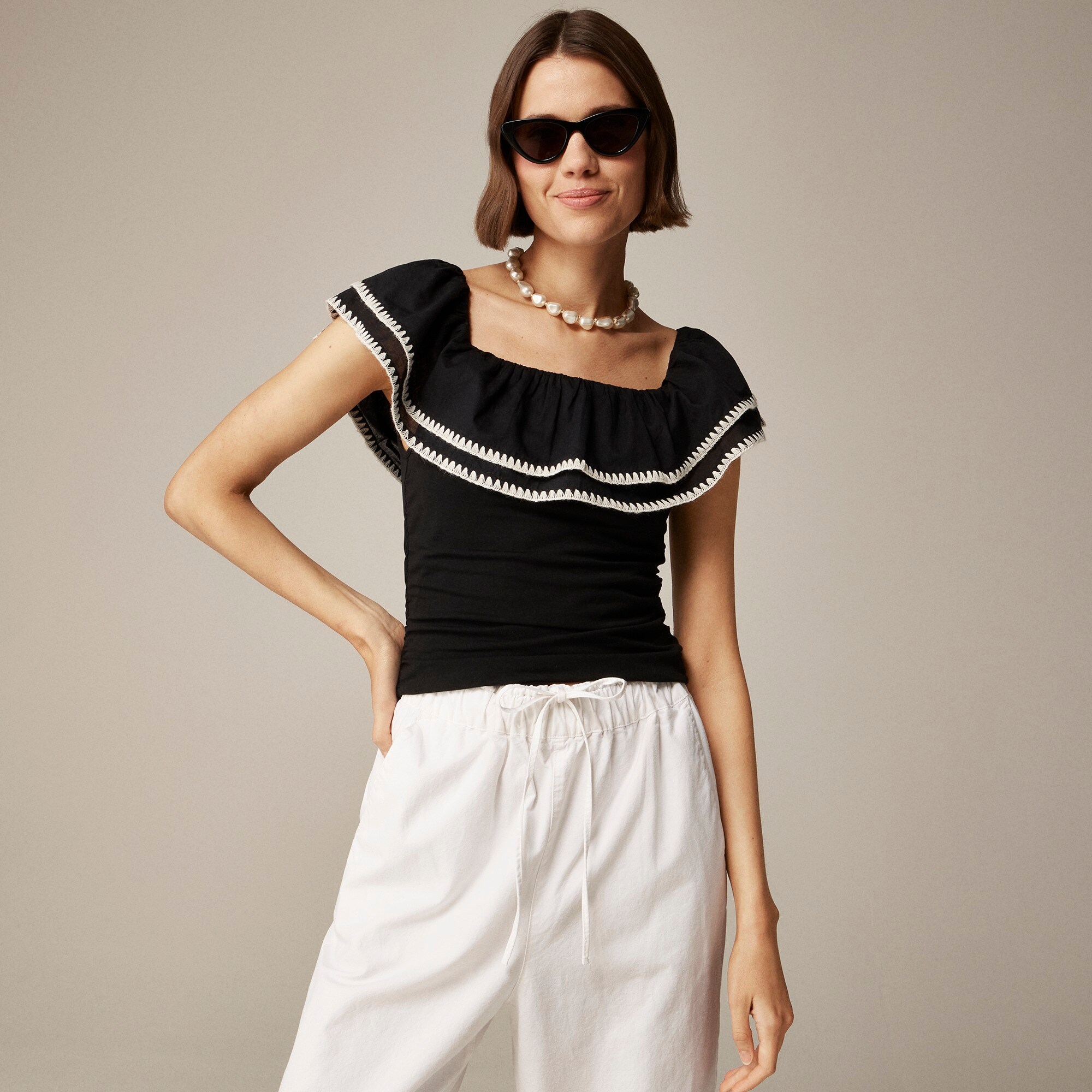 womens Off-the-shoulder ruffle top in stretch cotton blend