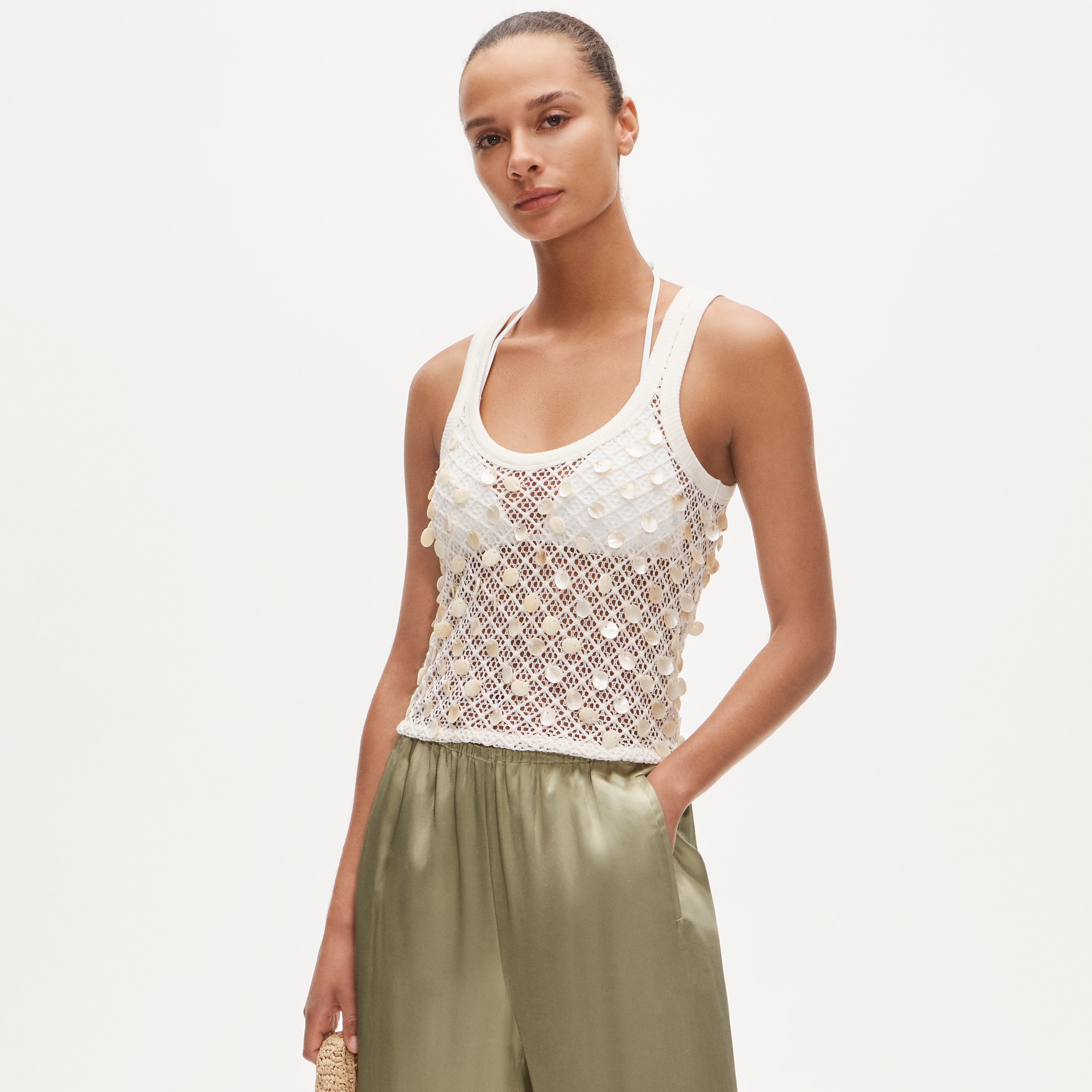 Crochet shell-embroidered tank top