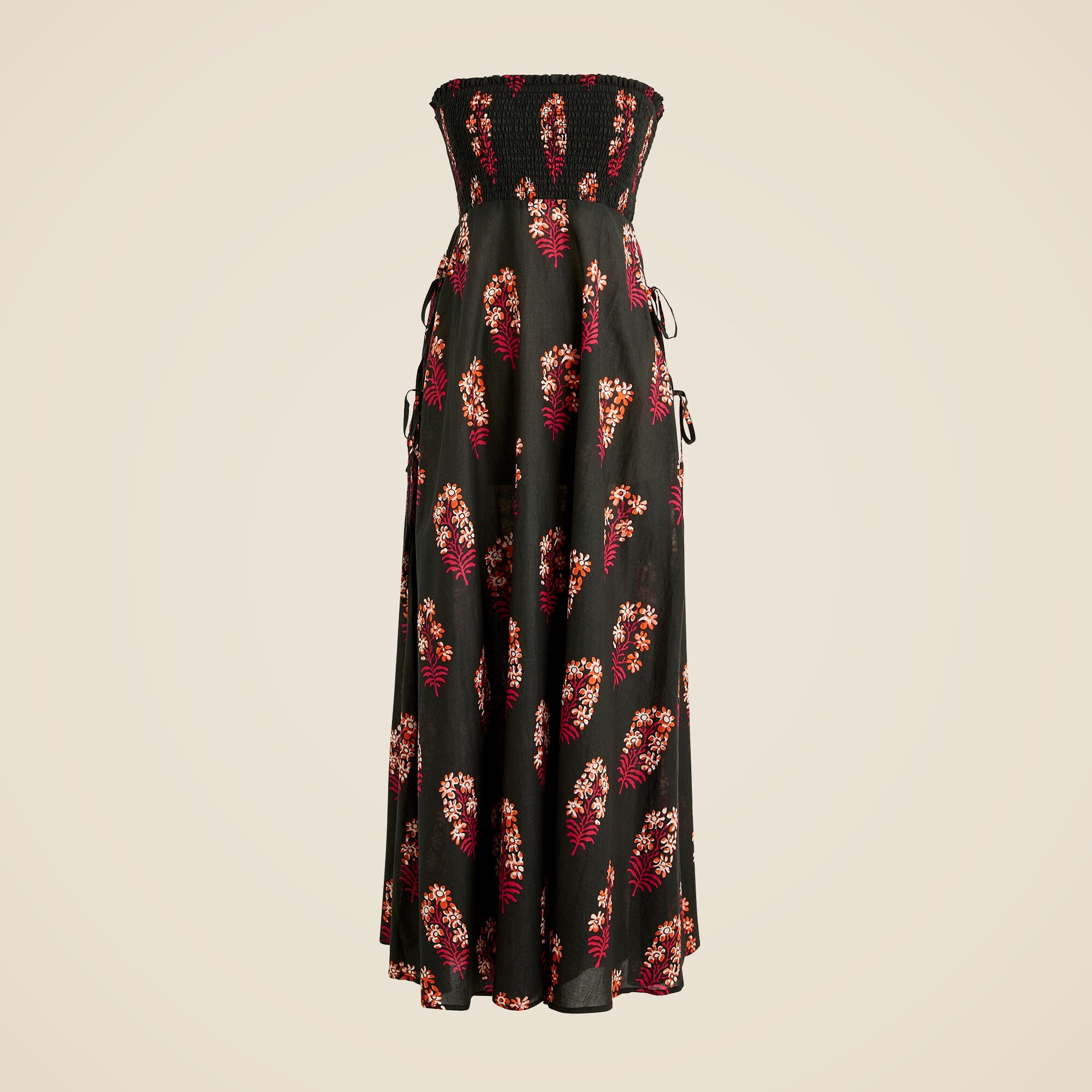 Smocked side-tie dress in cocoa block print cotton voile