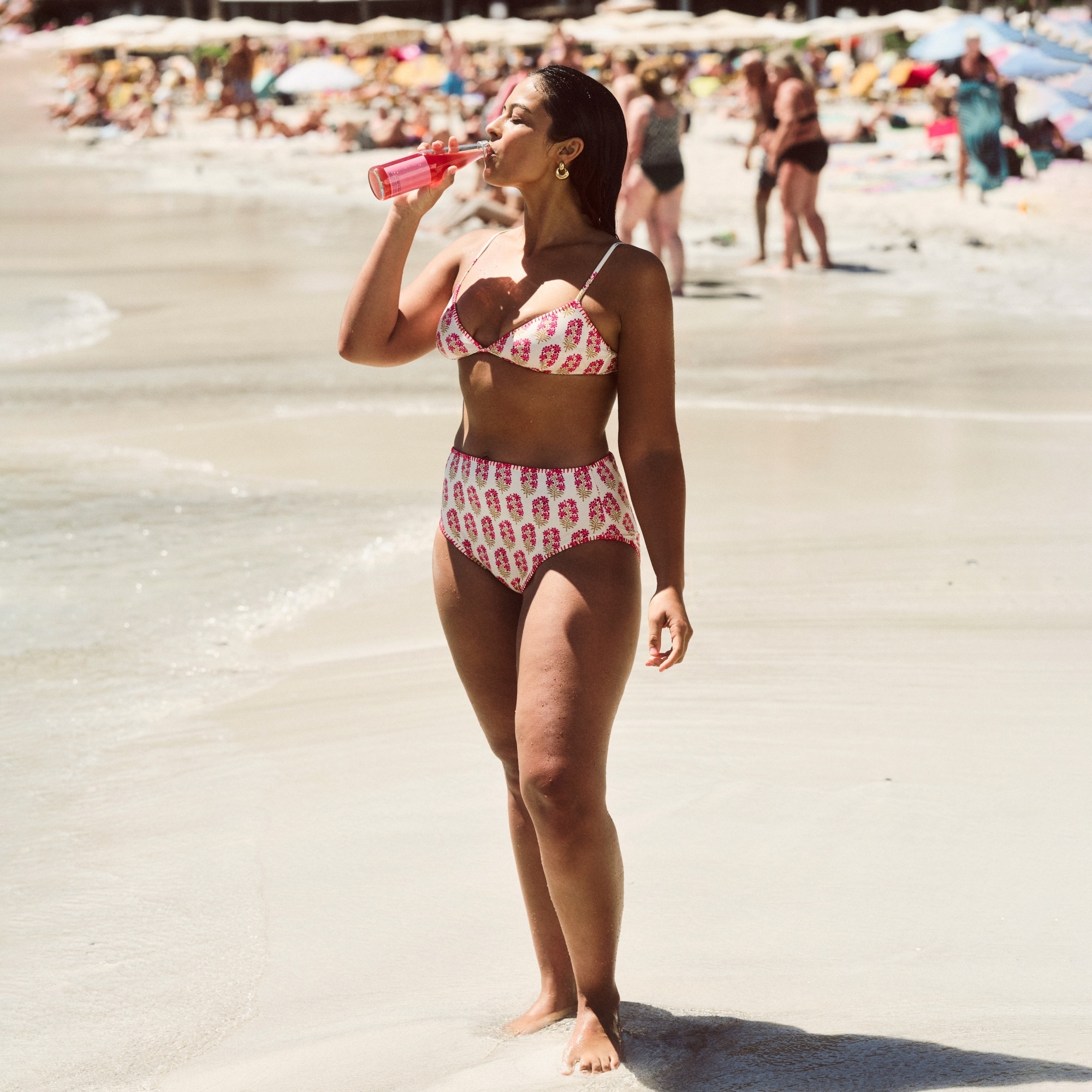 High-rise full-coverage bikini bottom in berry block print