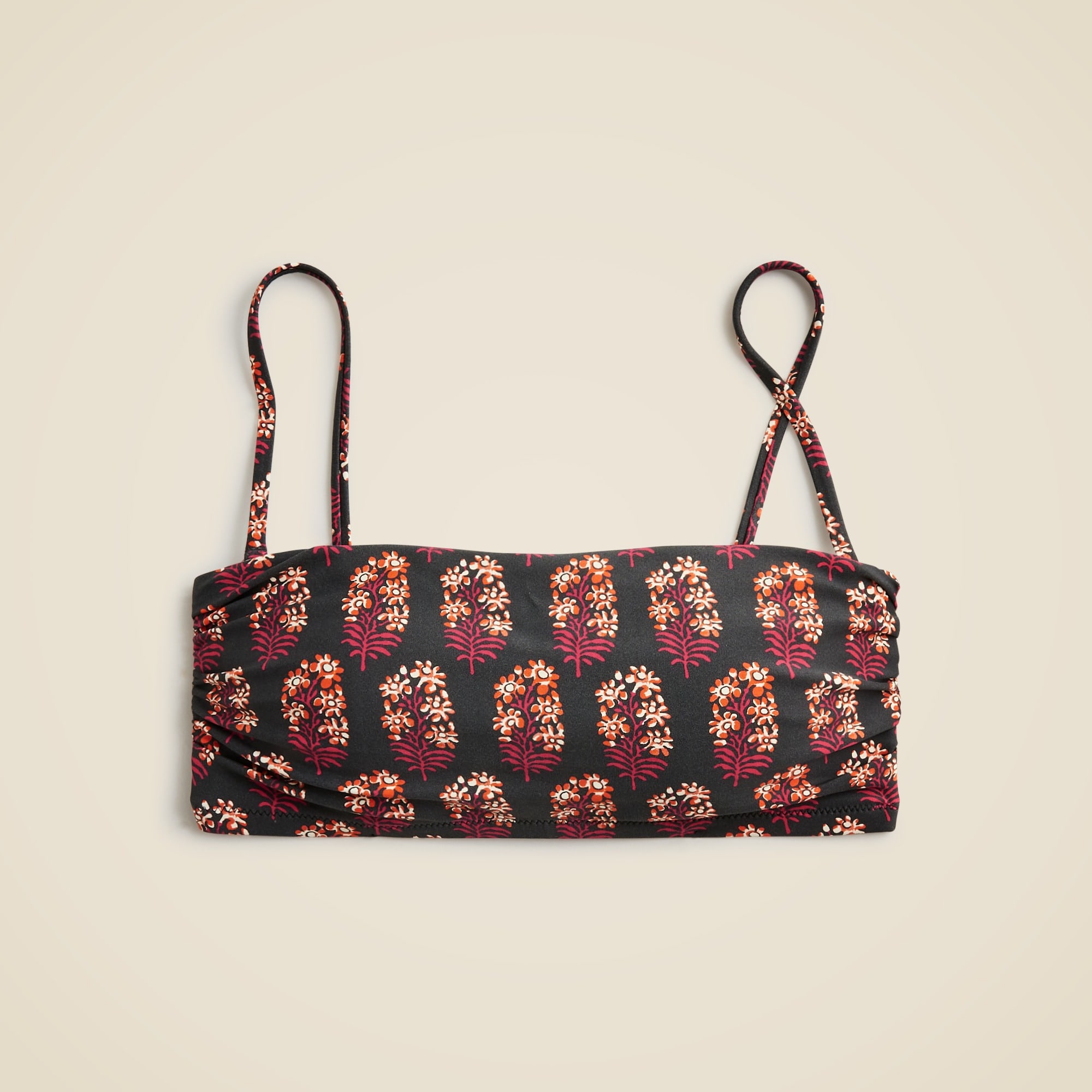Ruched bandeau bikini top in cocoa blockprint