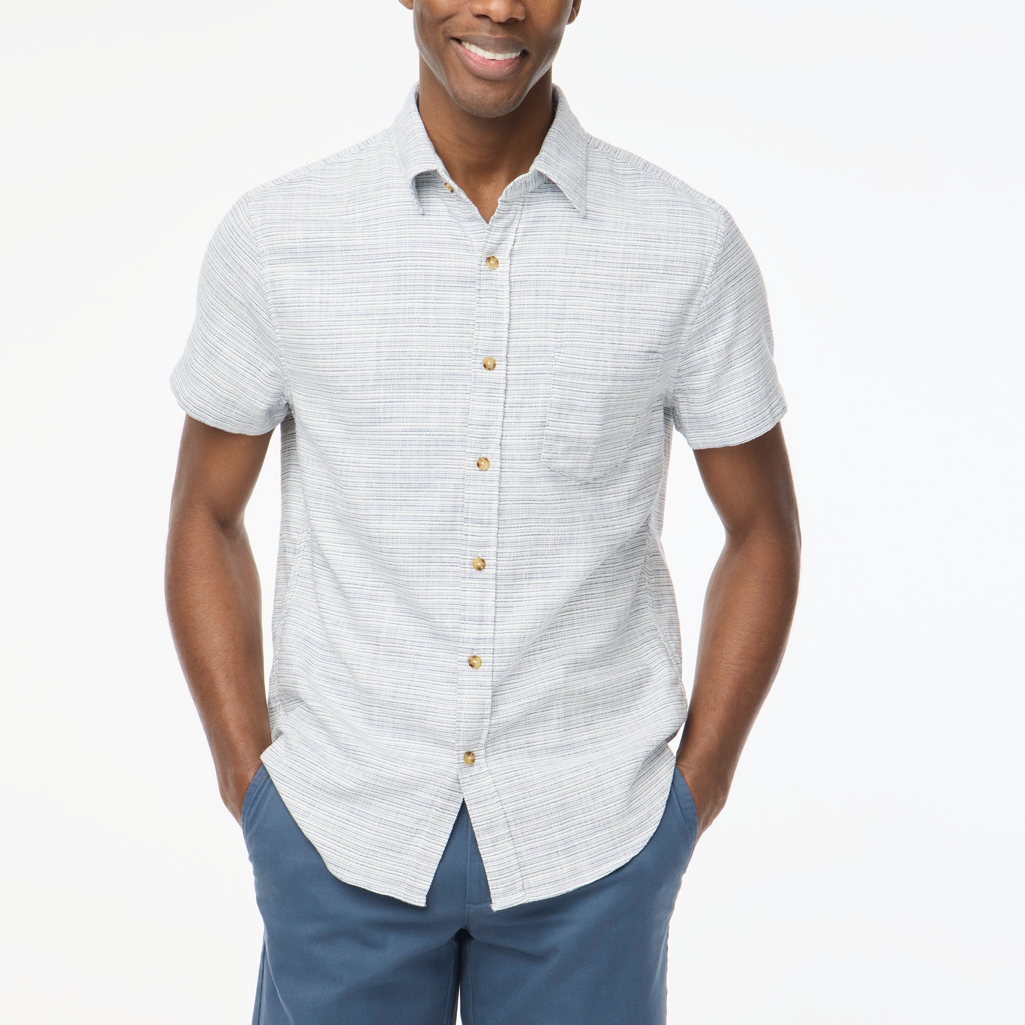 Short-sleeve slub dobby striped shirt
