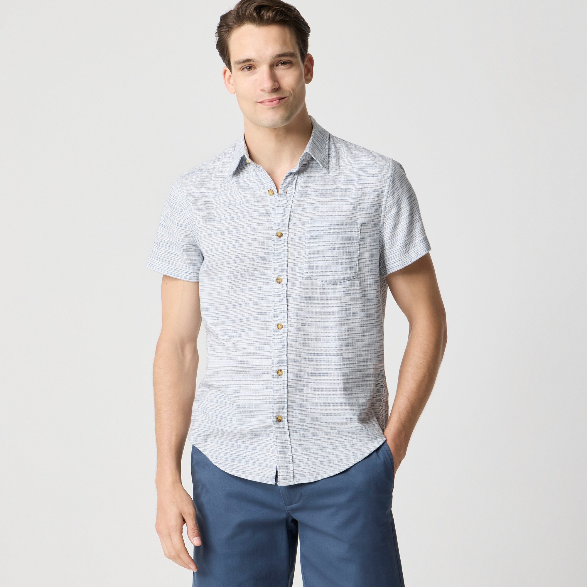 Factory: Short-sleeve Slub Dobby Striped Shirt For Men