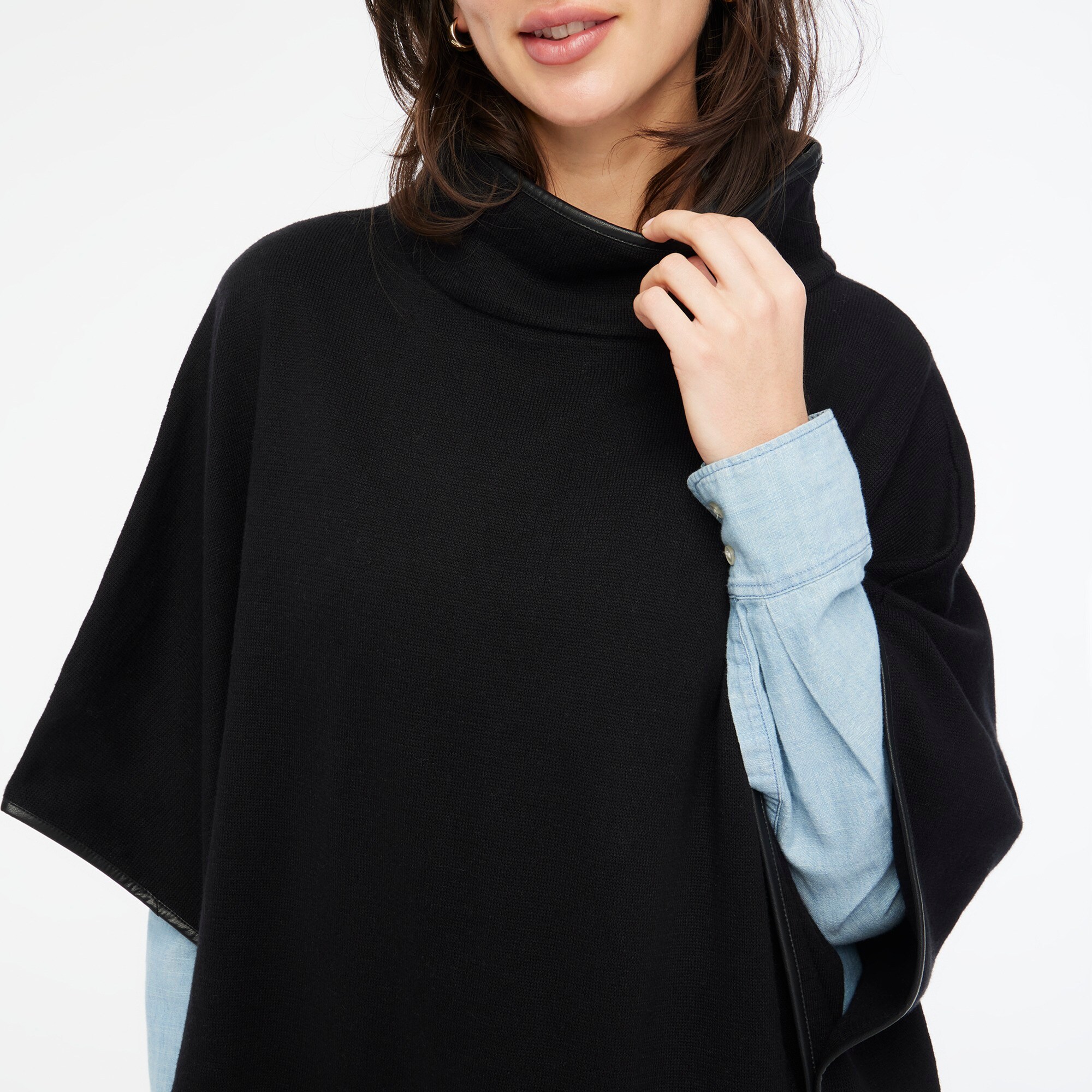Faux leather-trimmed poncho