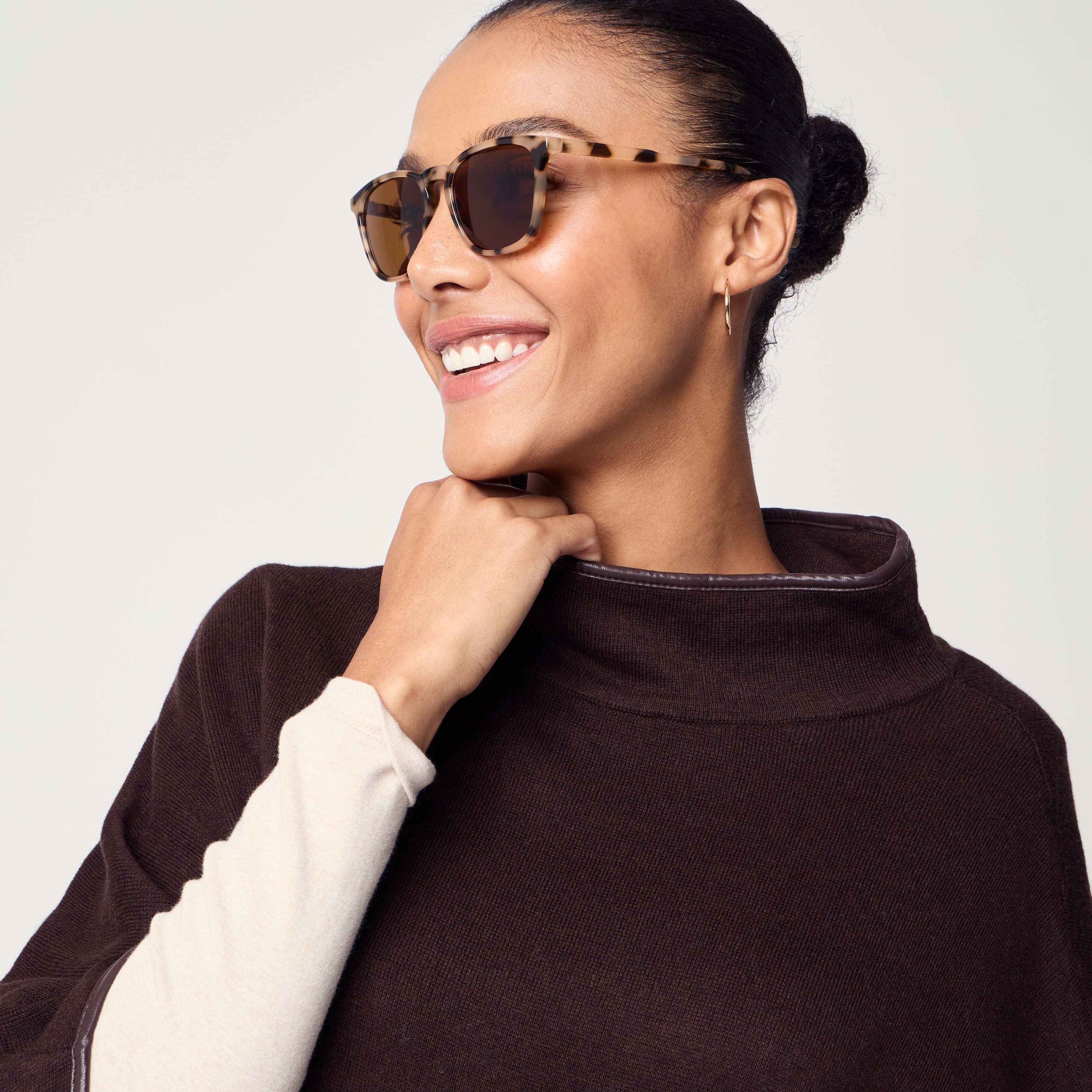 Faux leather-trimmed poncho