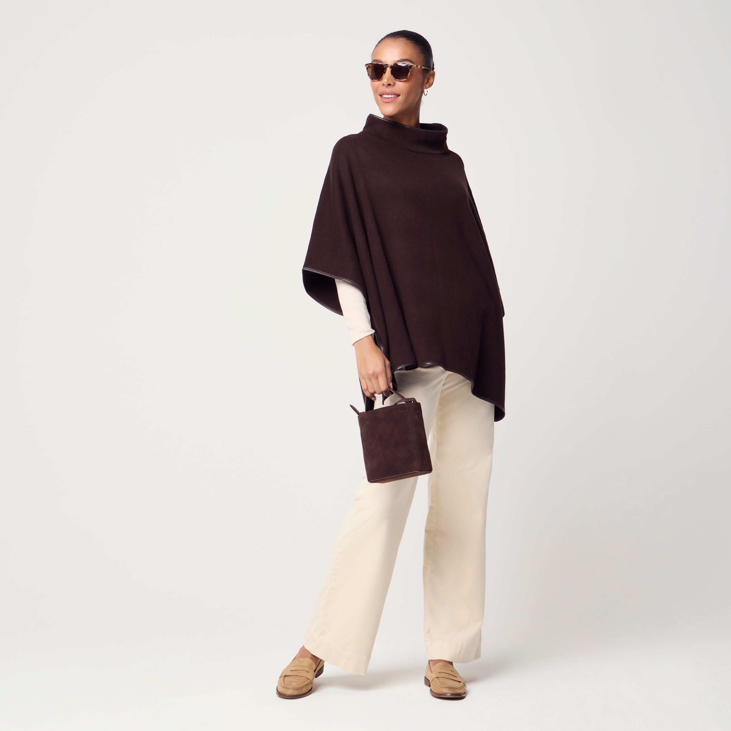 Faux leather-trimmed poncho
