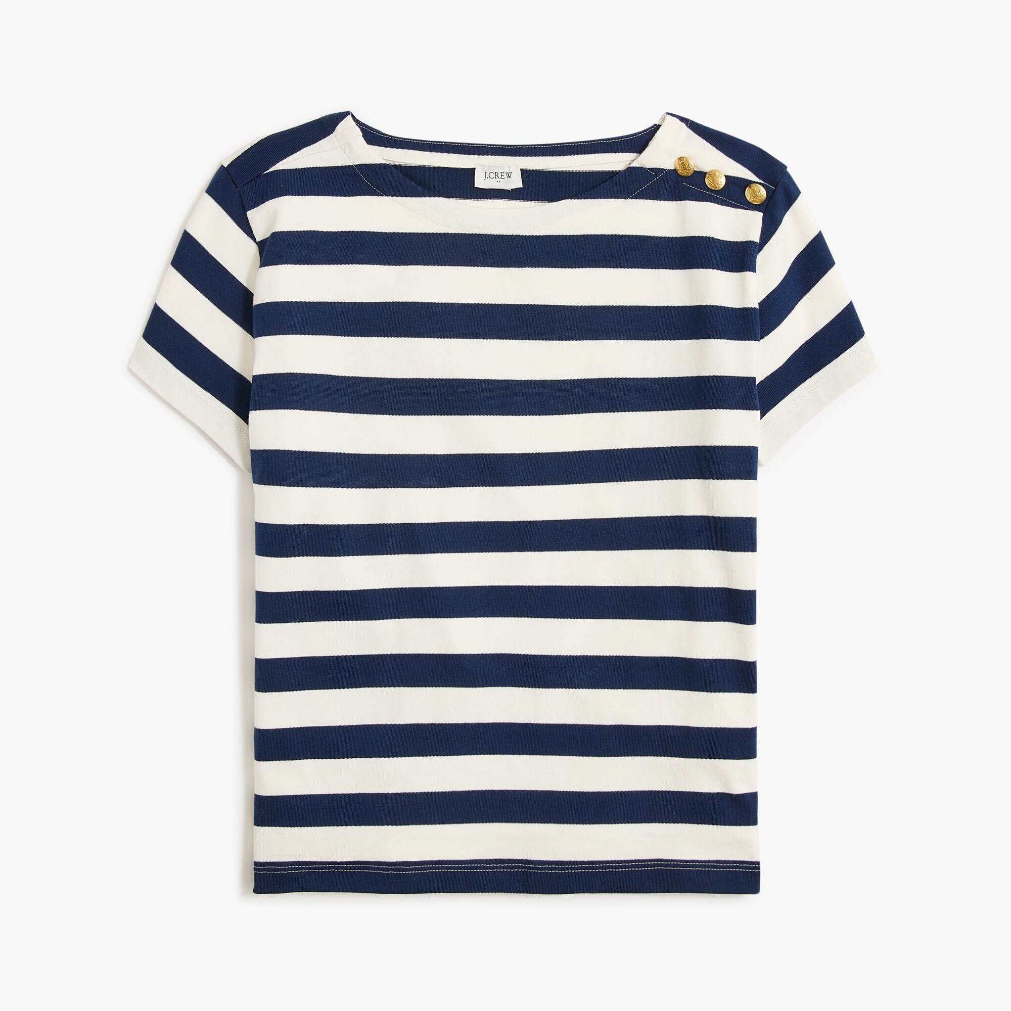 factory: striped button-shoulder boatneck tee for women
