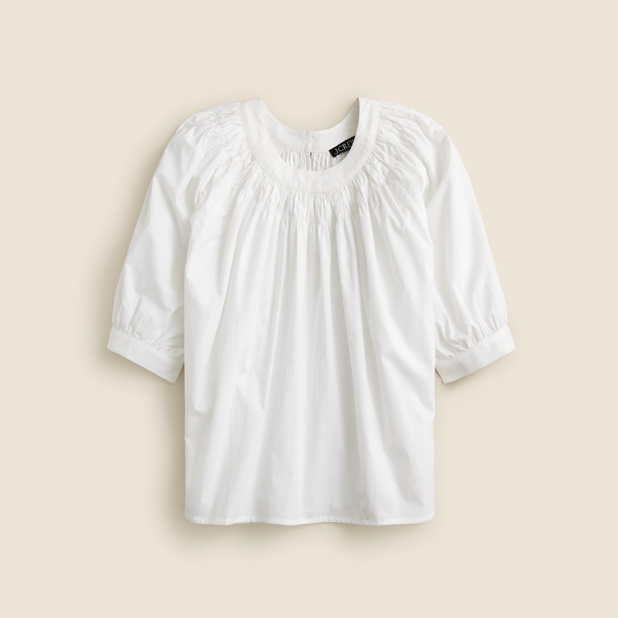 Smock-neck puff-sleeve top in cotton poplin