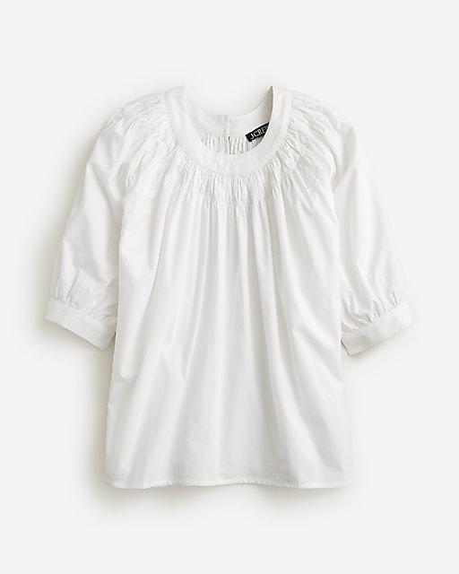 womens Smock-neck puff-sleeve top in cotton poplin