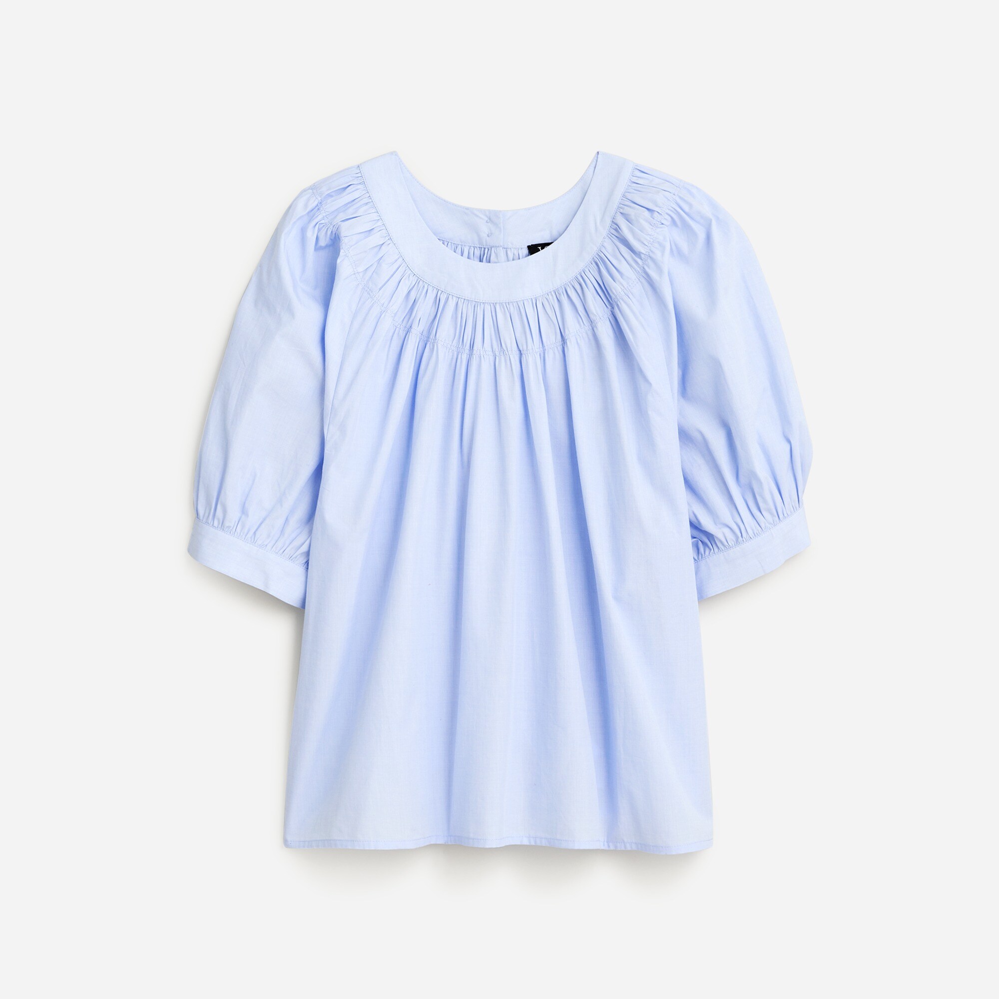 Smock-neck puff-sleeve top in cotton poplin