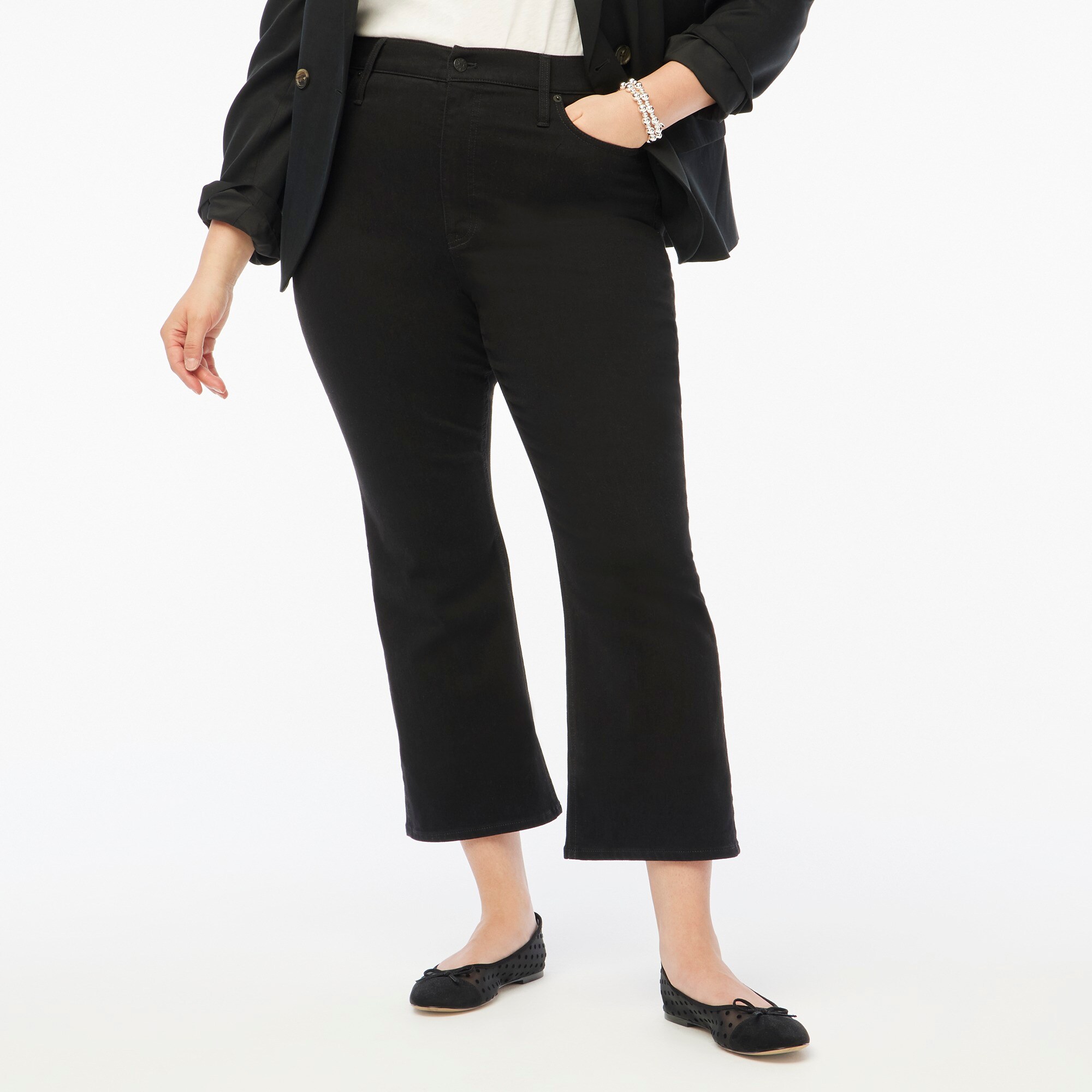 Petite high-rise black flare crop jean in all-day stretch