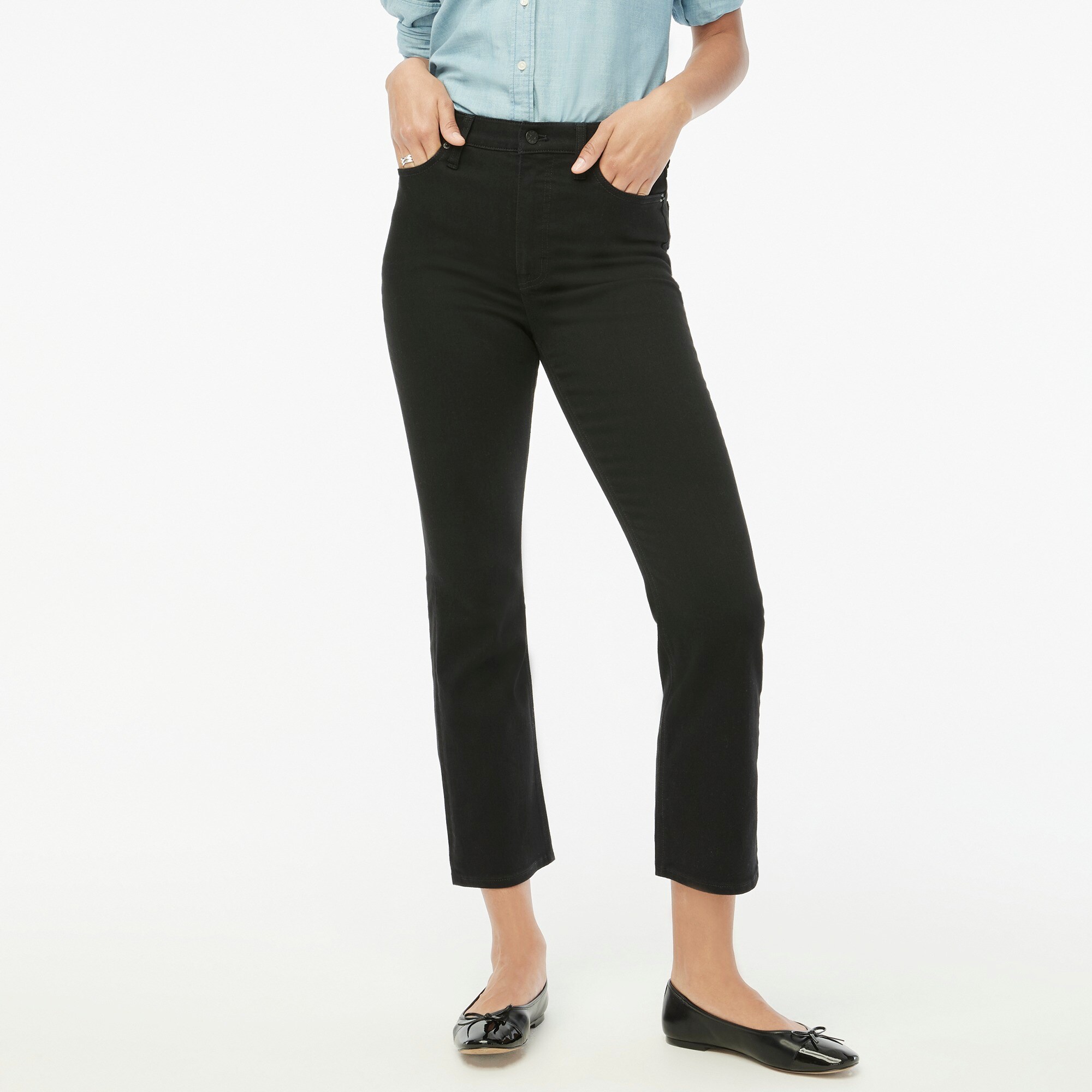 Petite high-rise black flare crop jean in all-day stretch