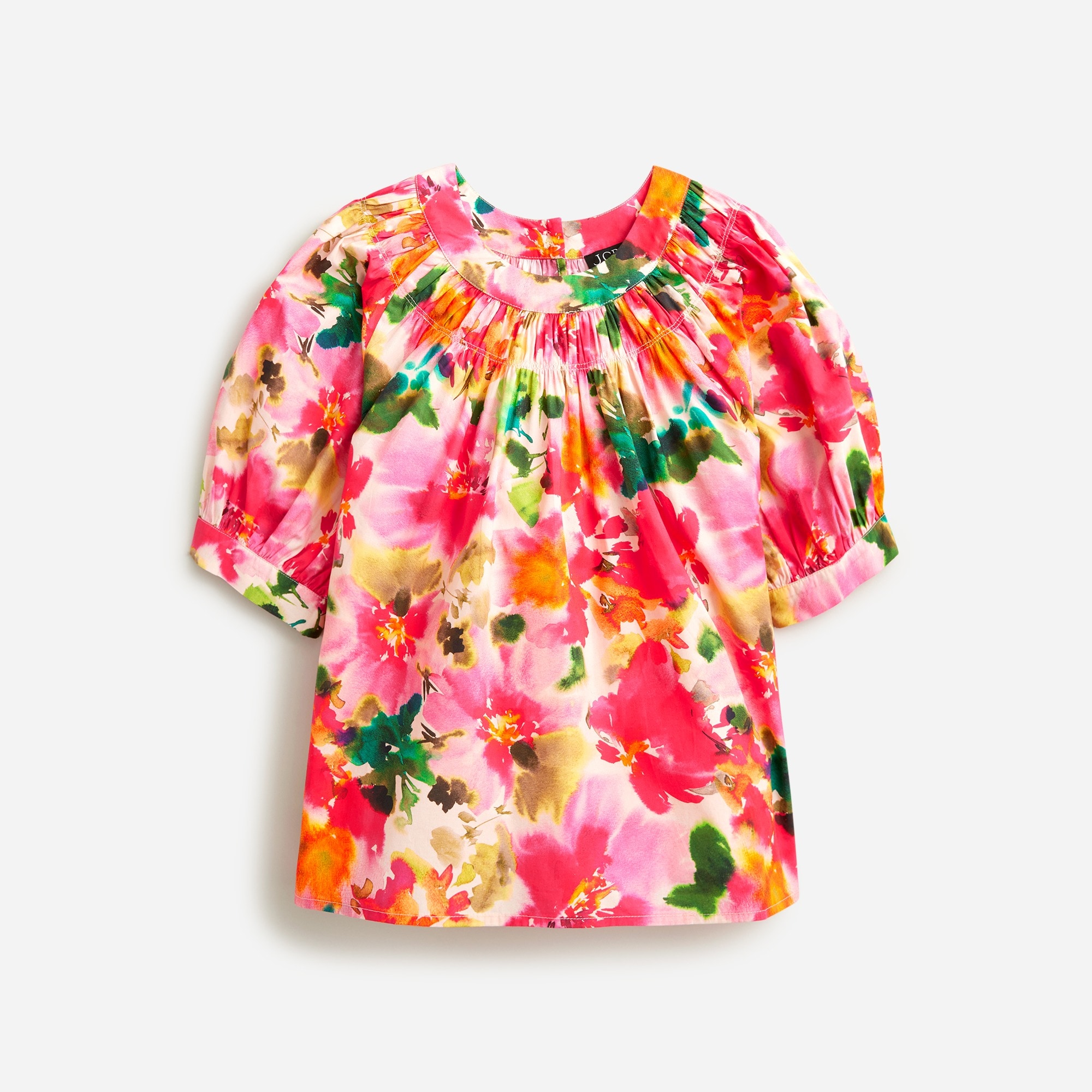  Smock-neck puff-sleeve top in floral cotton poplin