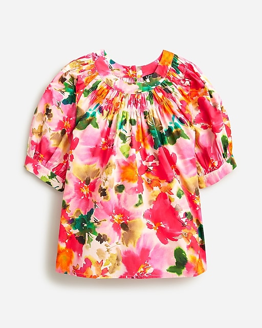  Smock-neck puff-sleeve top in floral cotton poplin