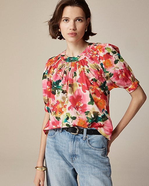 womens Smock-neck puff-sleeve top in floral cotton poplin