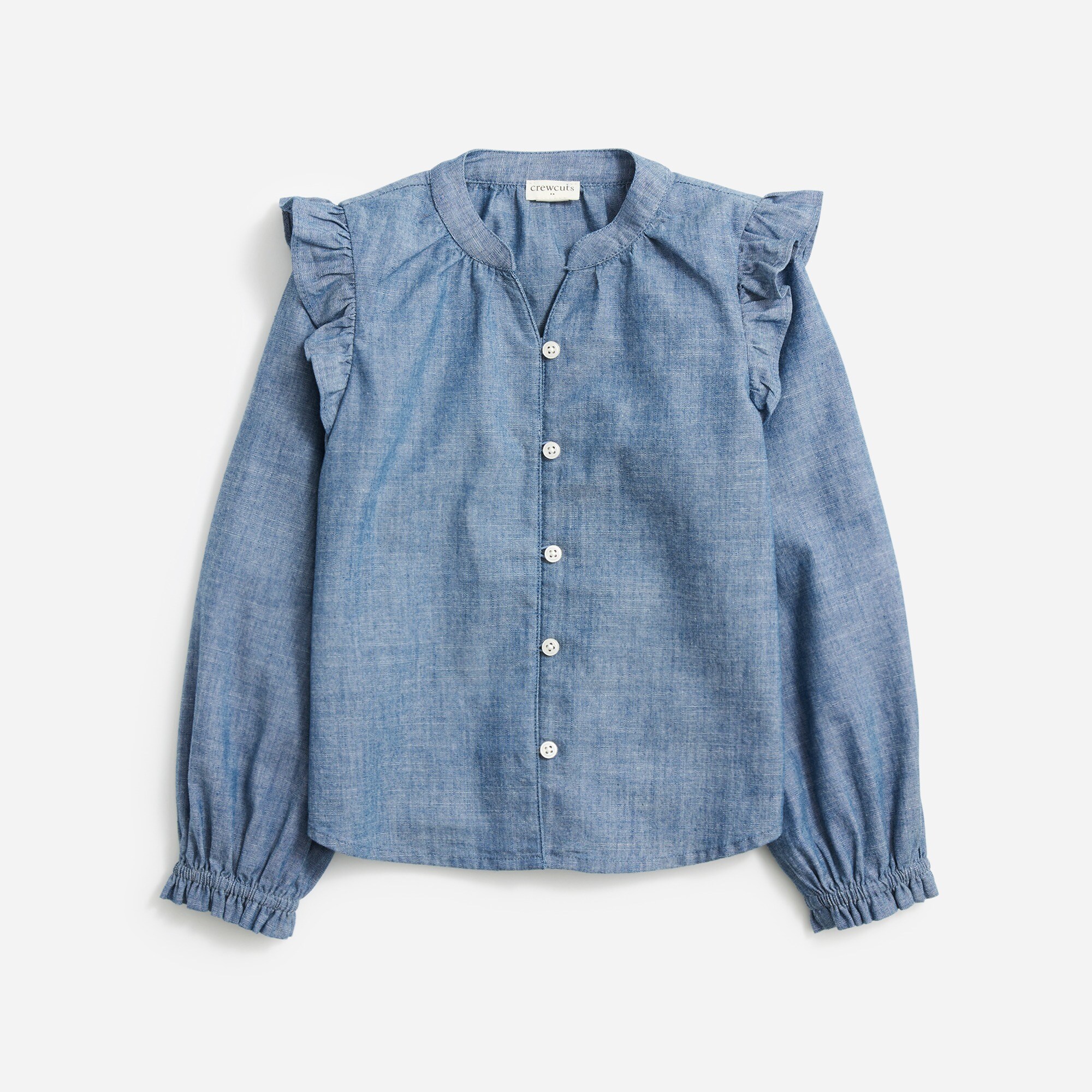 Girls' chambray ruffle-shoulder top
