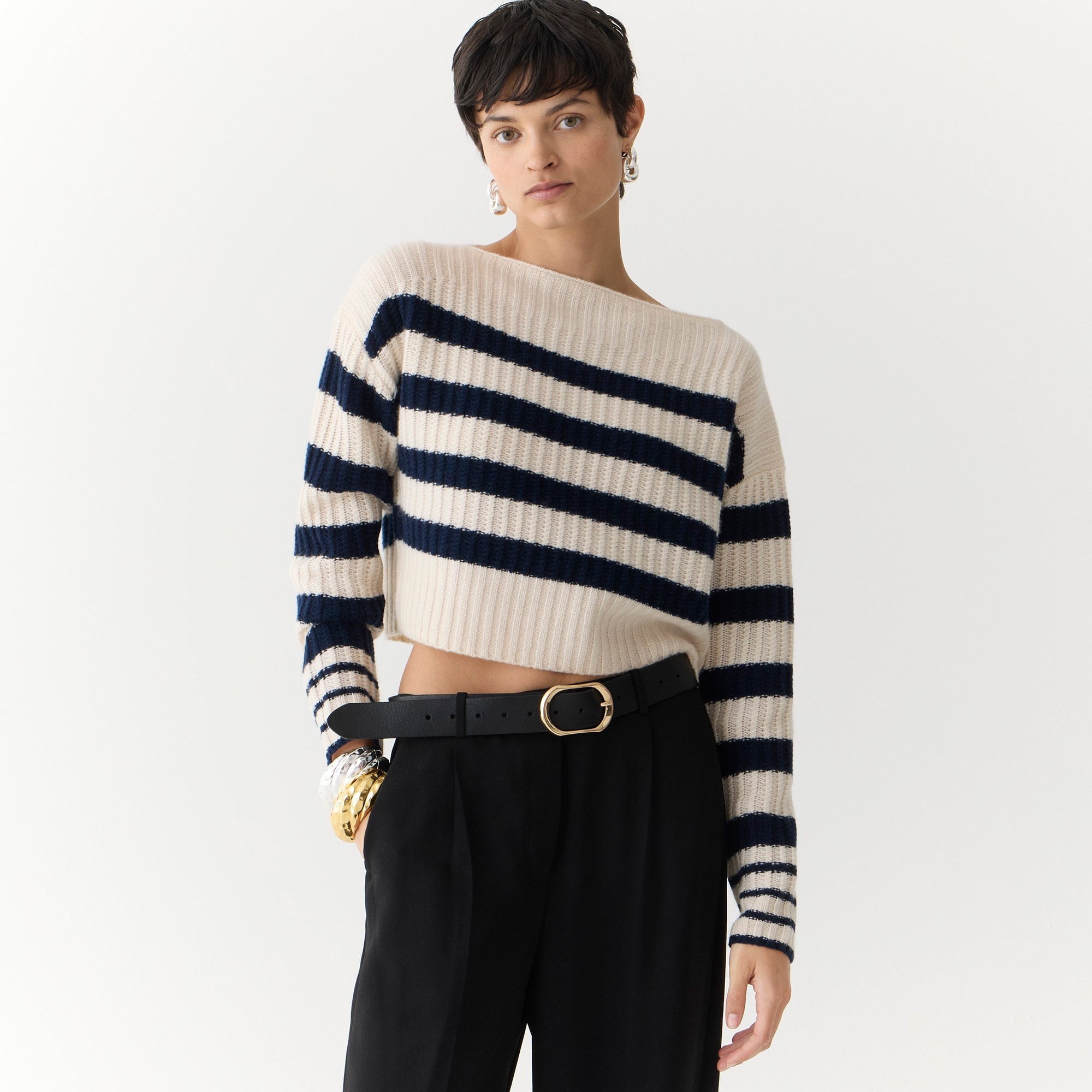 womens Cashmere cropped boatneck sweater in stripe