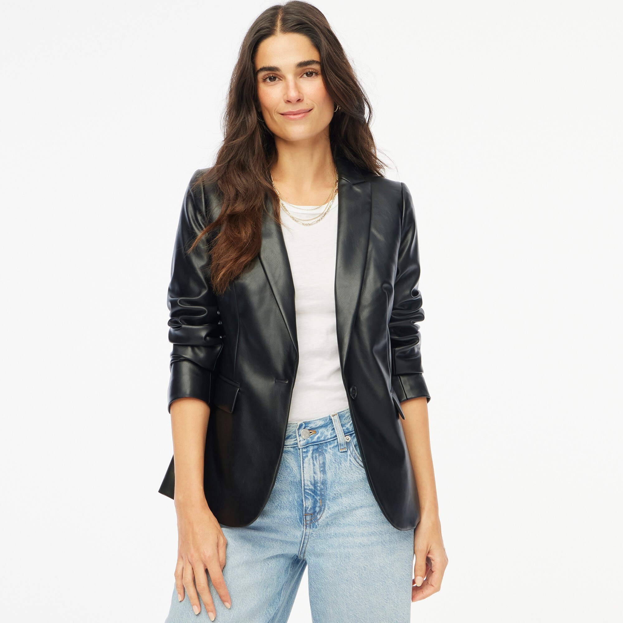 Faux-leather one-button blazer