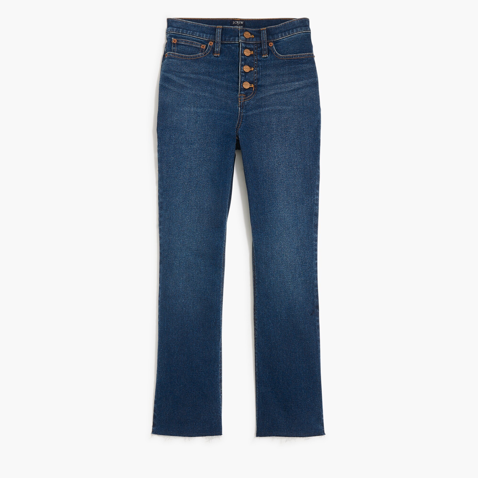 Petite high-rise flare crop jean with button fly in all-day stretch