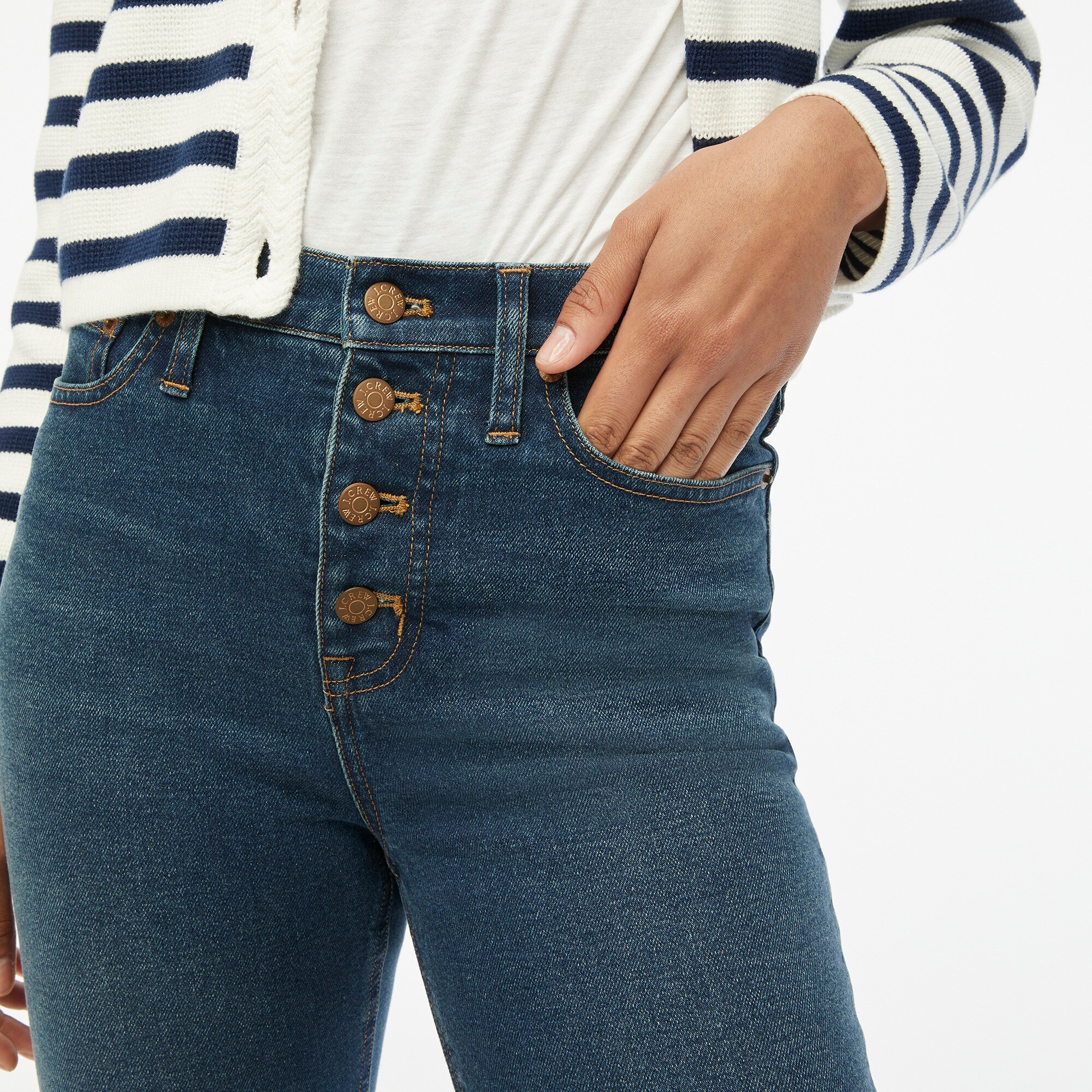 High-rise flare crop jean with button fly in all-day stretch