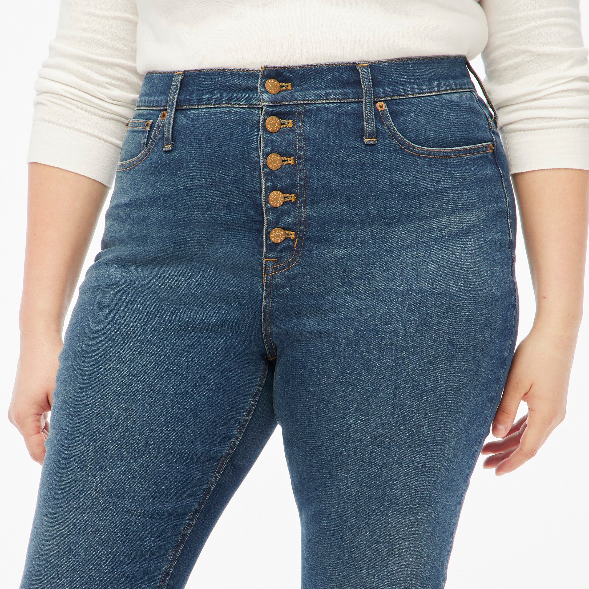 High-rise flare crop jean with button fly in all-day stretch