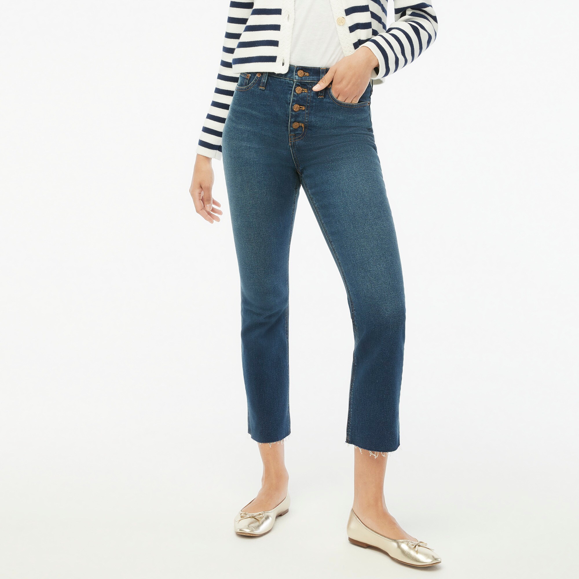 Petite high-rise flare crop jean with button fly in all-day stretch