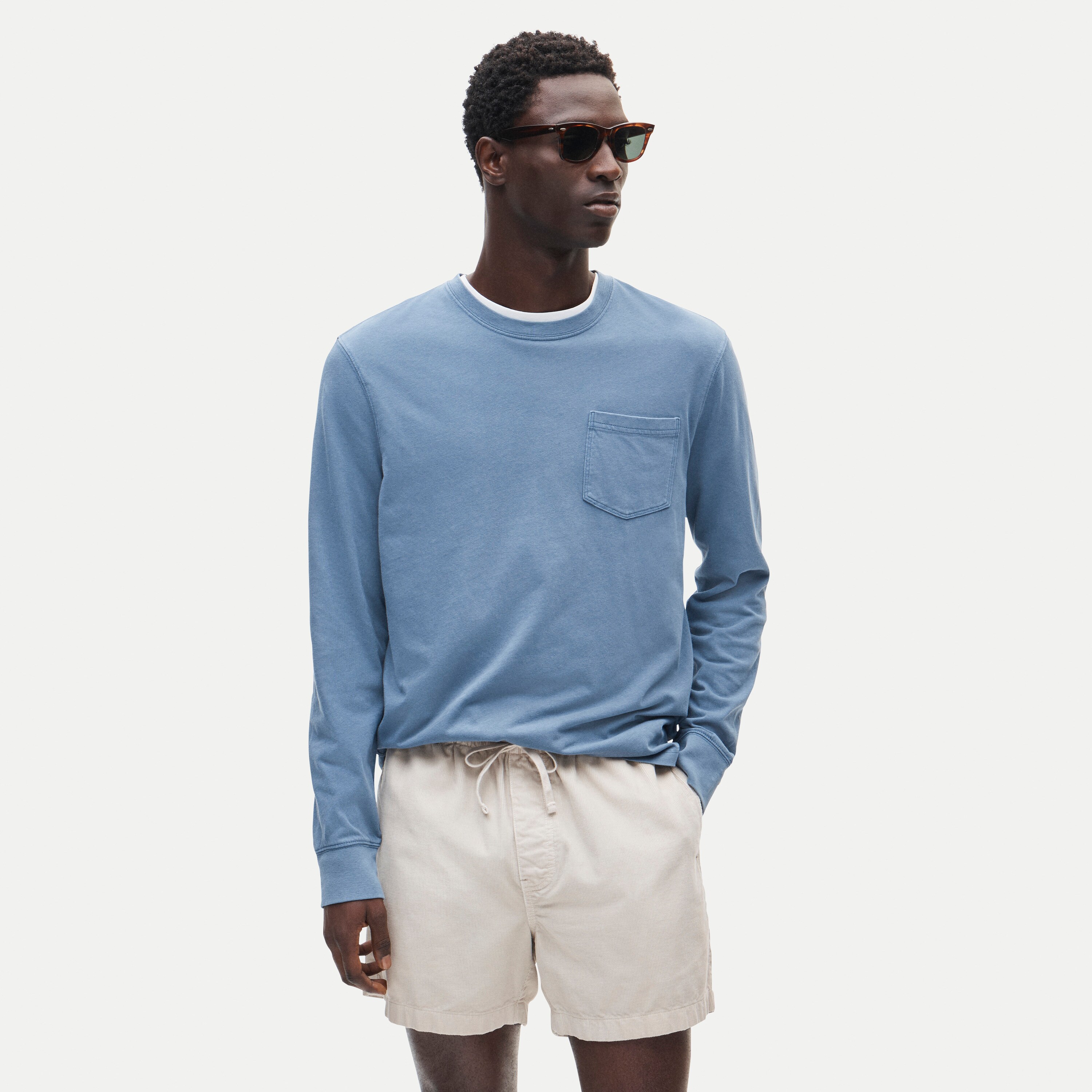 Long-sleeve vintage-wash cotton pocket T-shirt