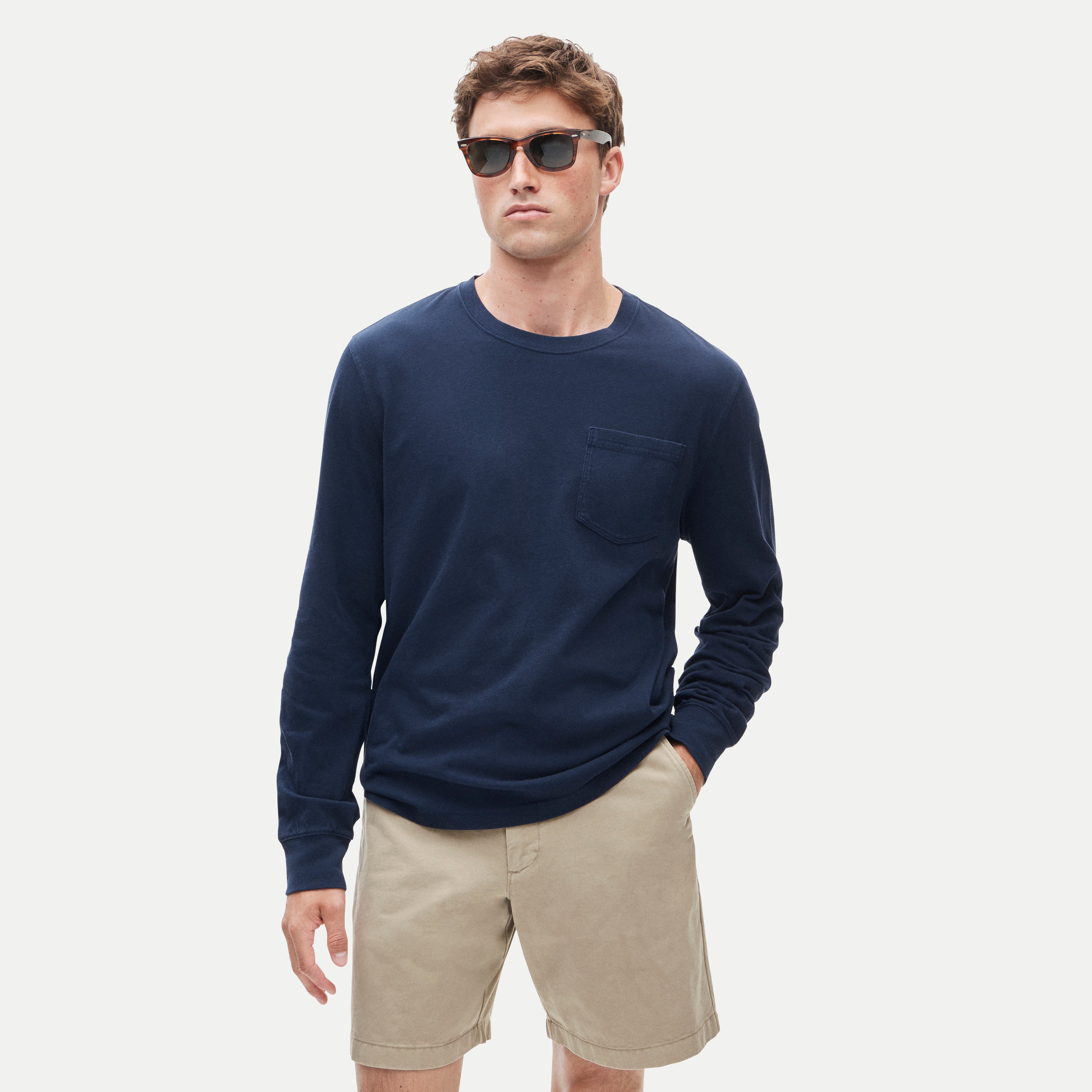 Long-sleeve vintage-wash cotton pocket T-shirt