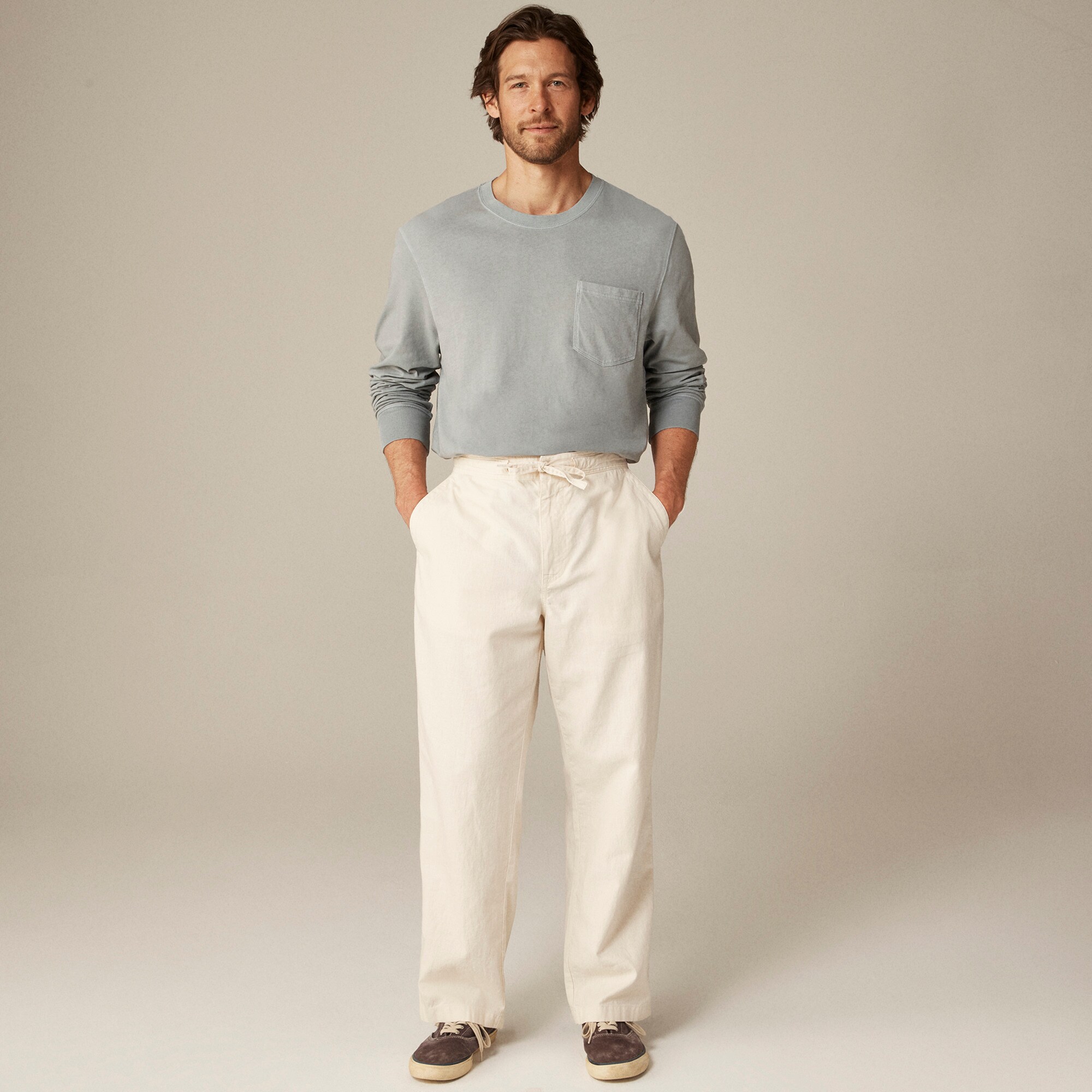 Slim long-sleeve vintage-wash cotton pocket T-shirt