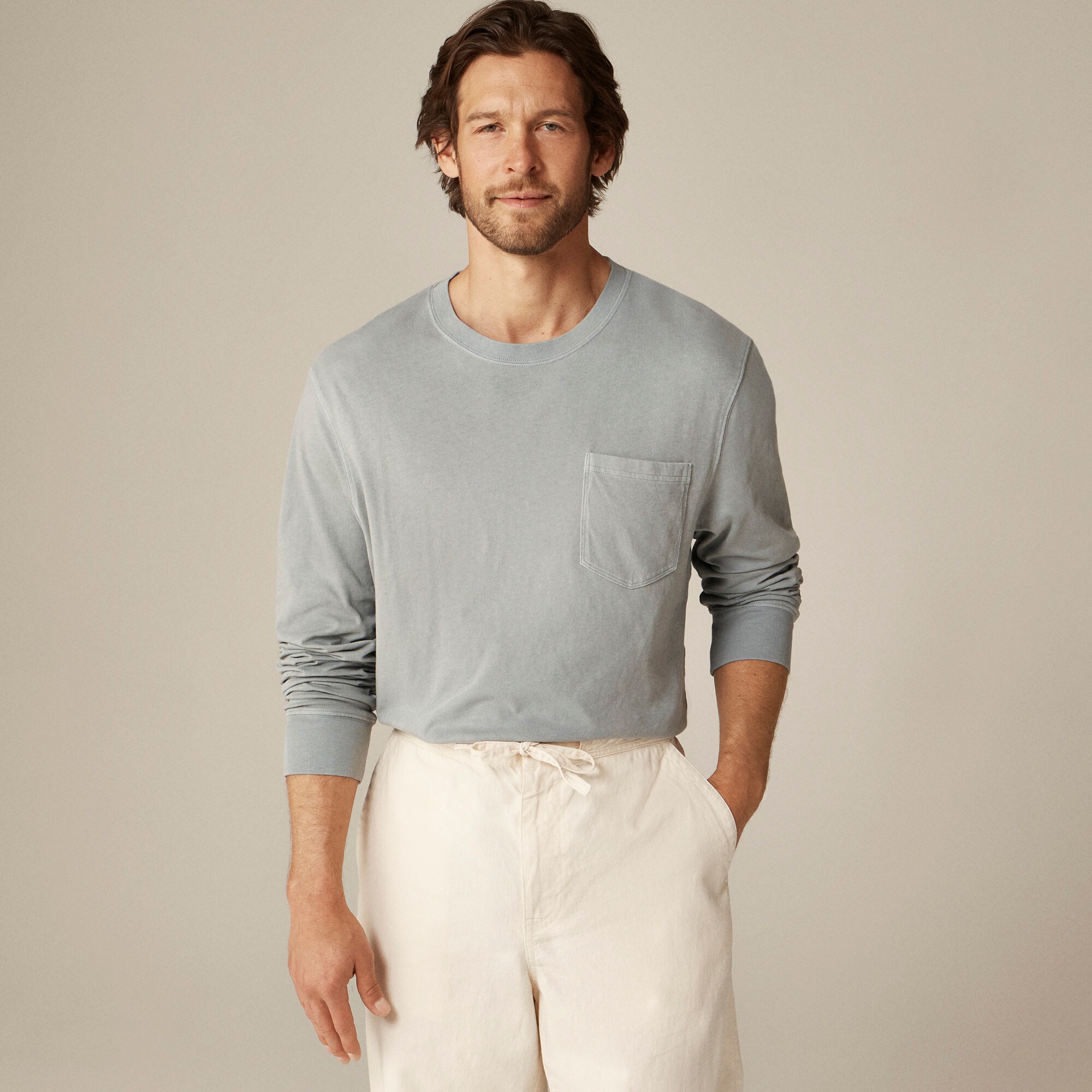  Long-sleeve vintage-wash cotton pocket T-shirt