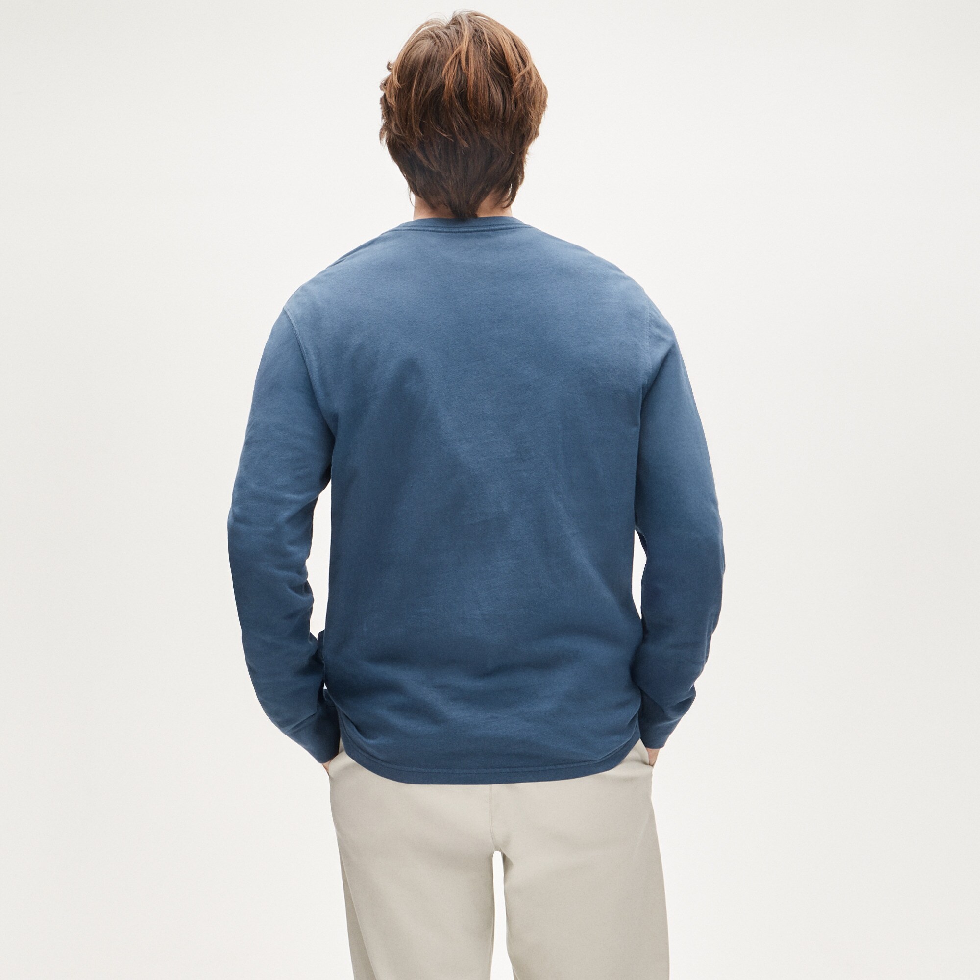 Long-sleeve vintage-wash cotton pocket T-shirt