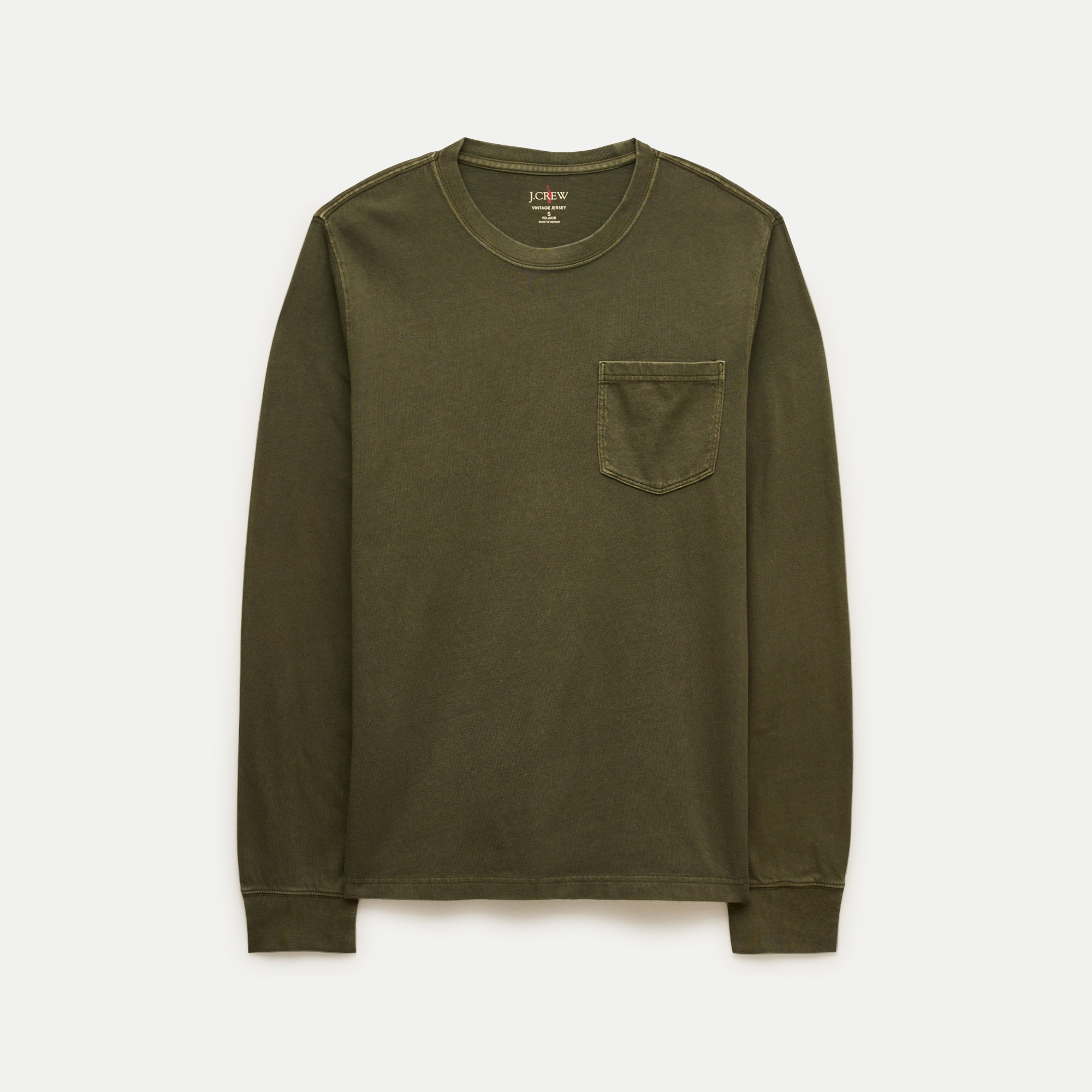 Long-sleeve vintage-wash cotton pocket T-shirt