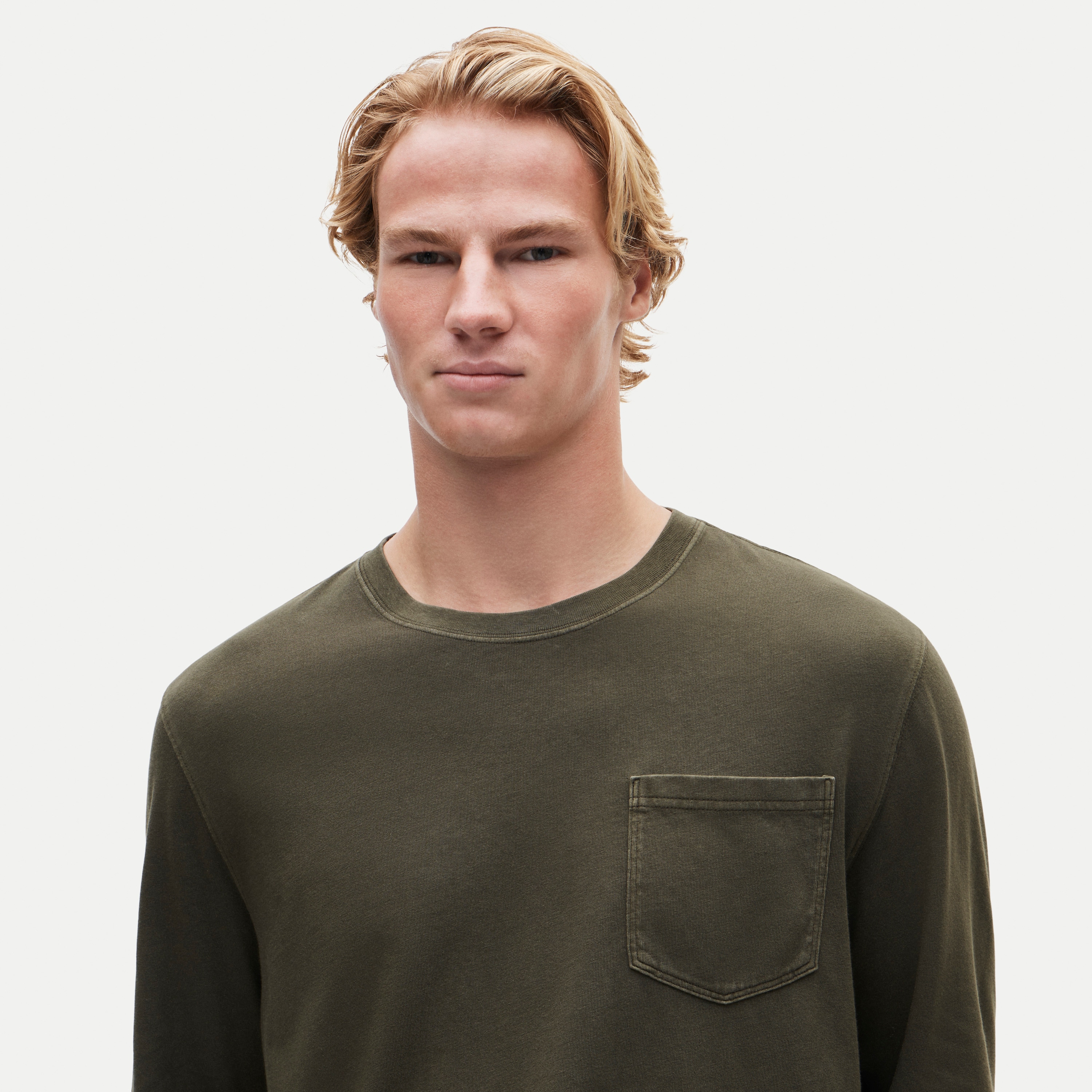 Long-sleeve vintage-wash cotton pocket T-shirt