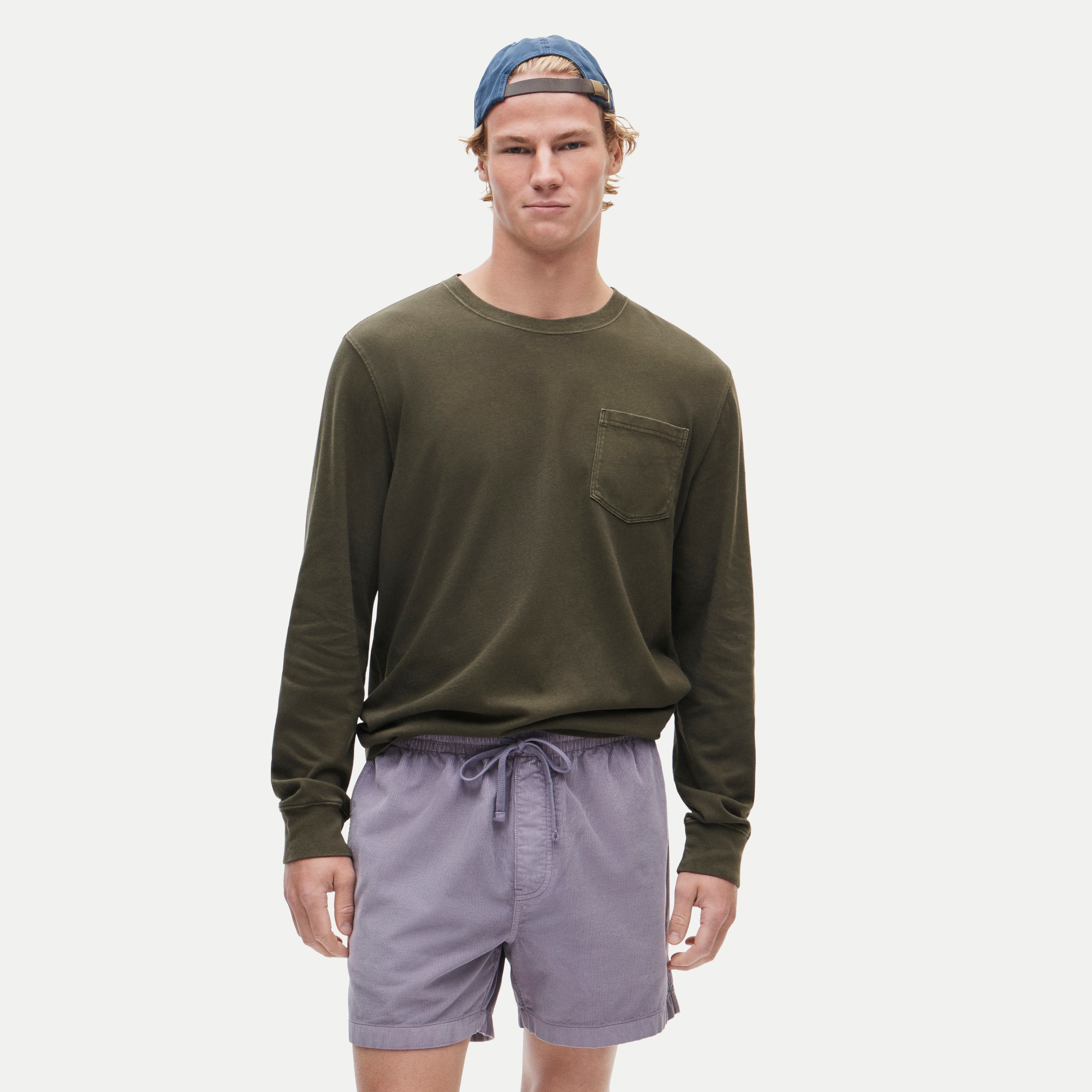 Long-sleeve vintage-wash cotton pocket T-shirt