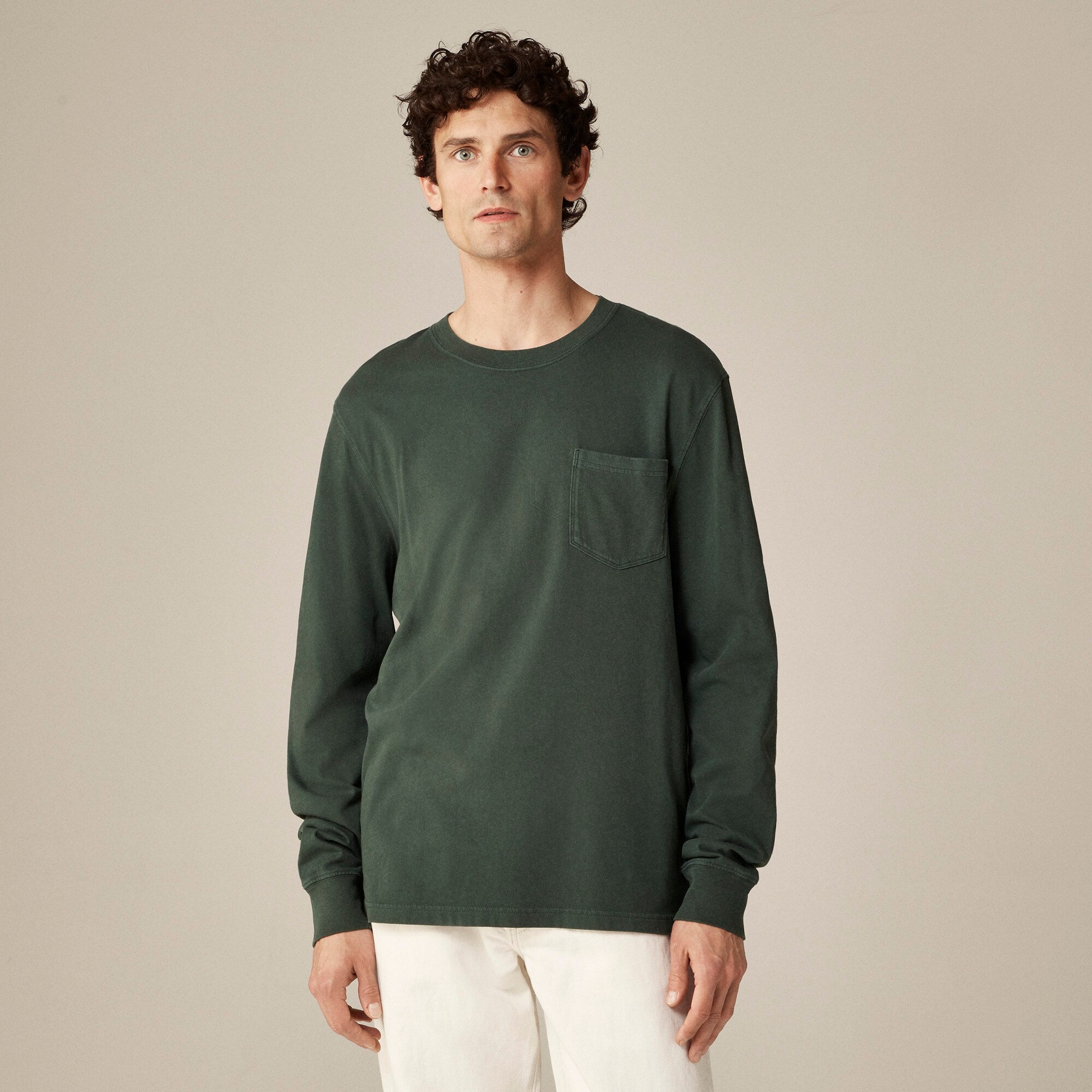 Slim long-sleeve vintage-wash cotton pocket T-shirt