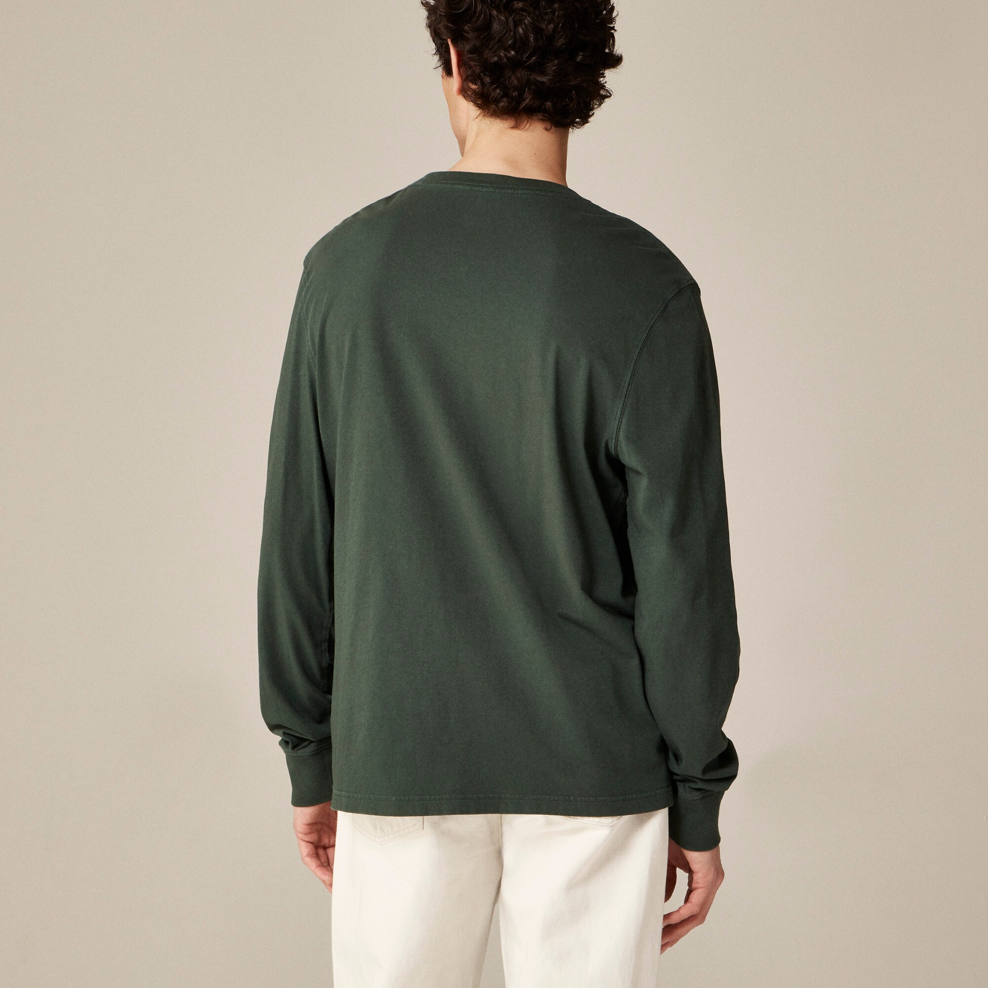 Long-sleeve vintage-wash cotton pocket T-shirt