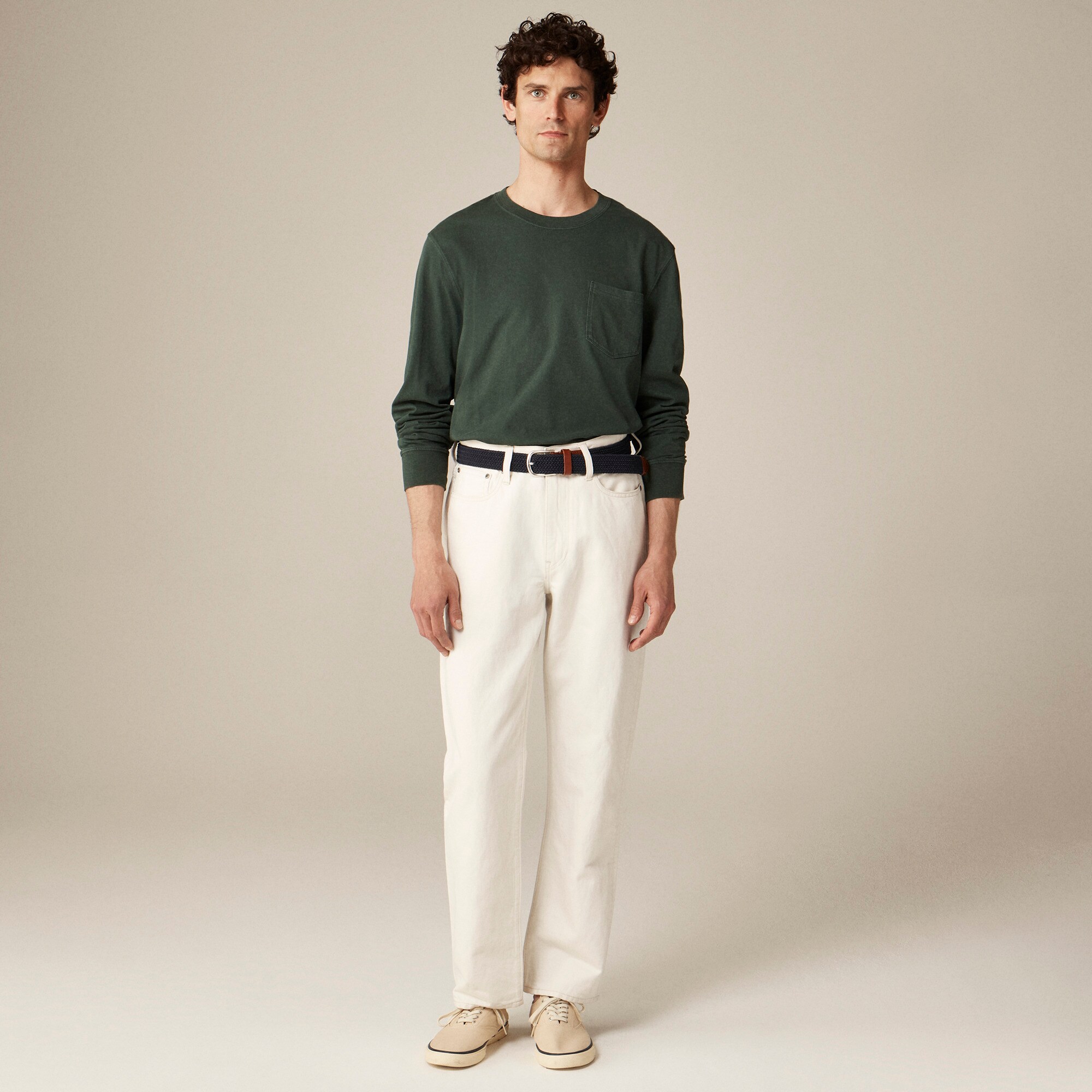 Long-sleeve vintage-wash cotton pocket T-shirt