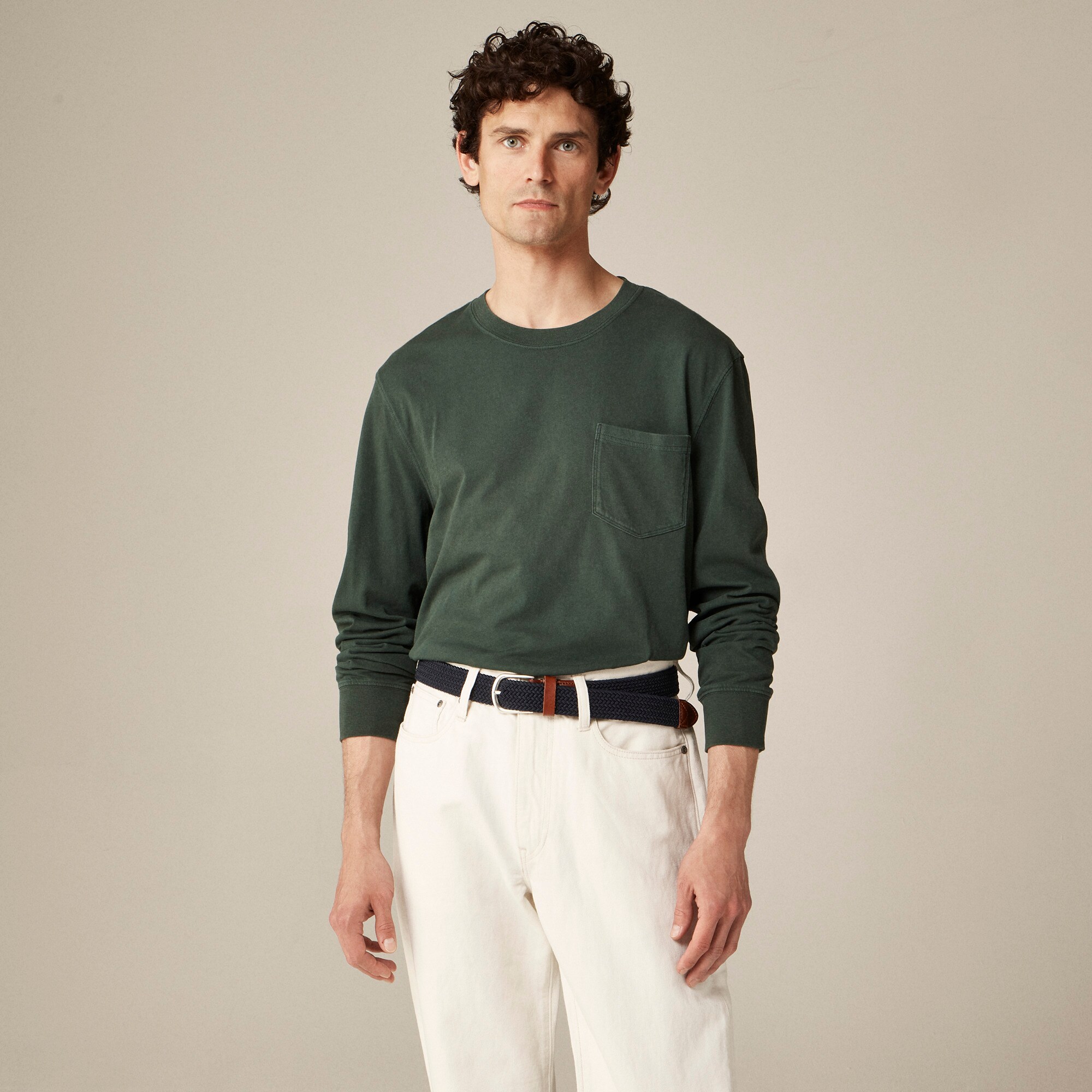 Long-sleeve vintage-wash cotton pocket T-shirt