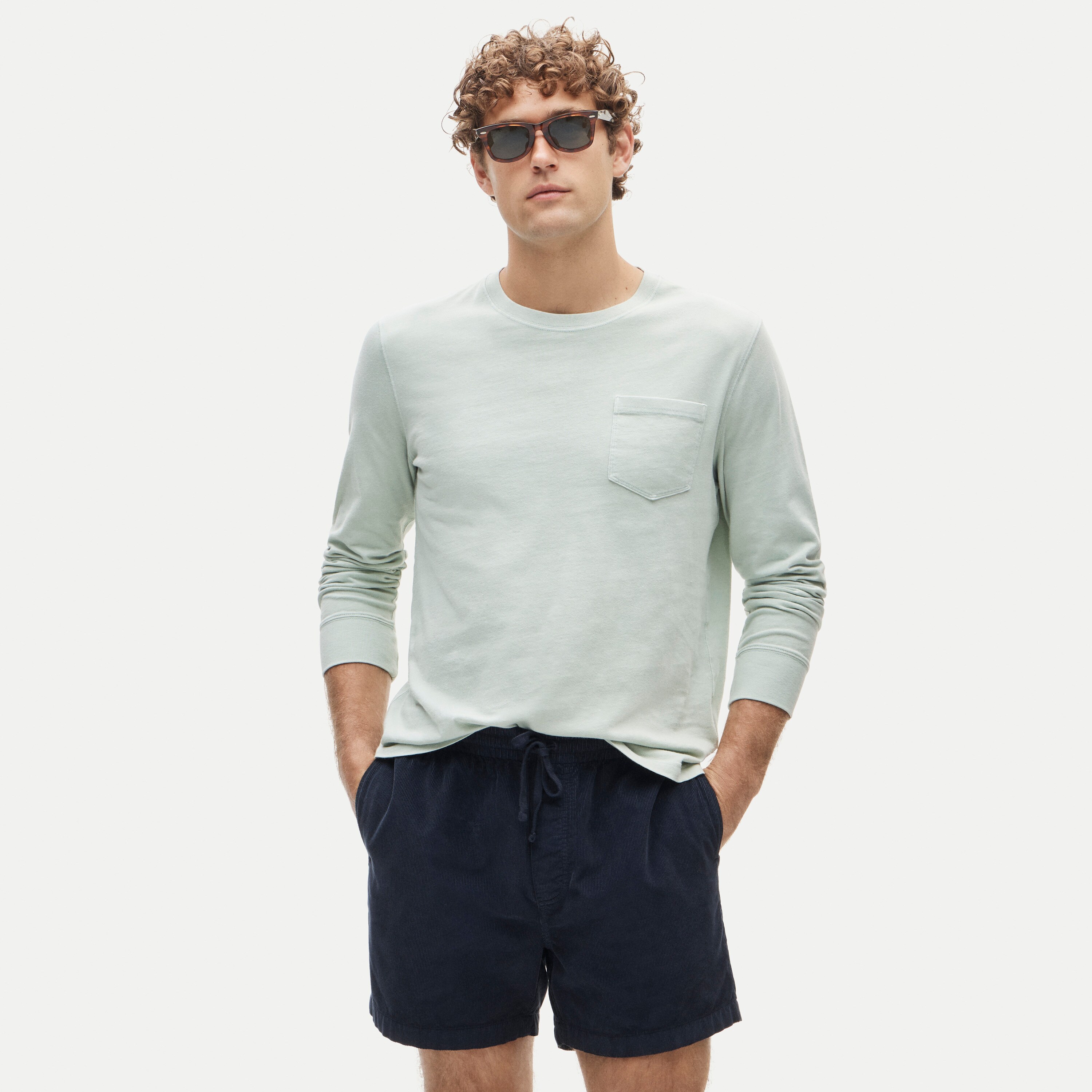 Long-sleeve vintage-wash cotton pocket T-shirt