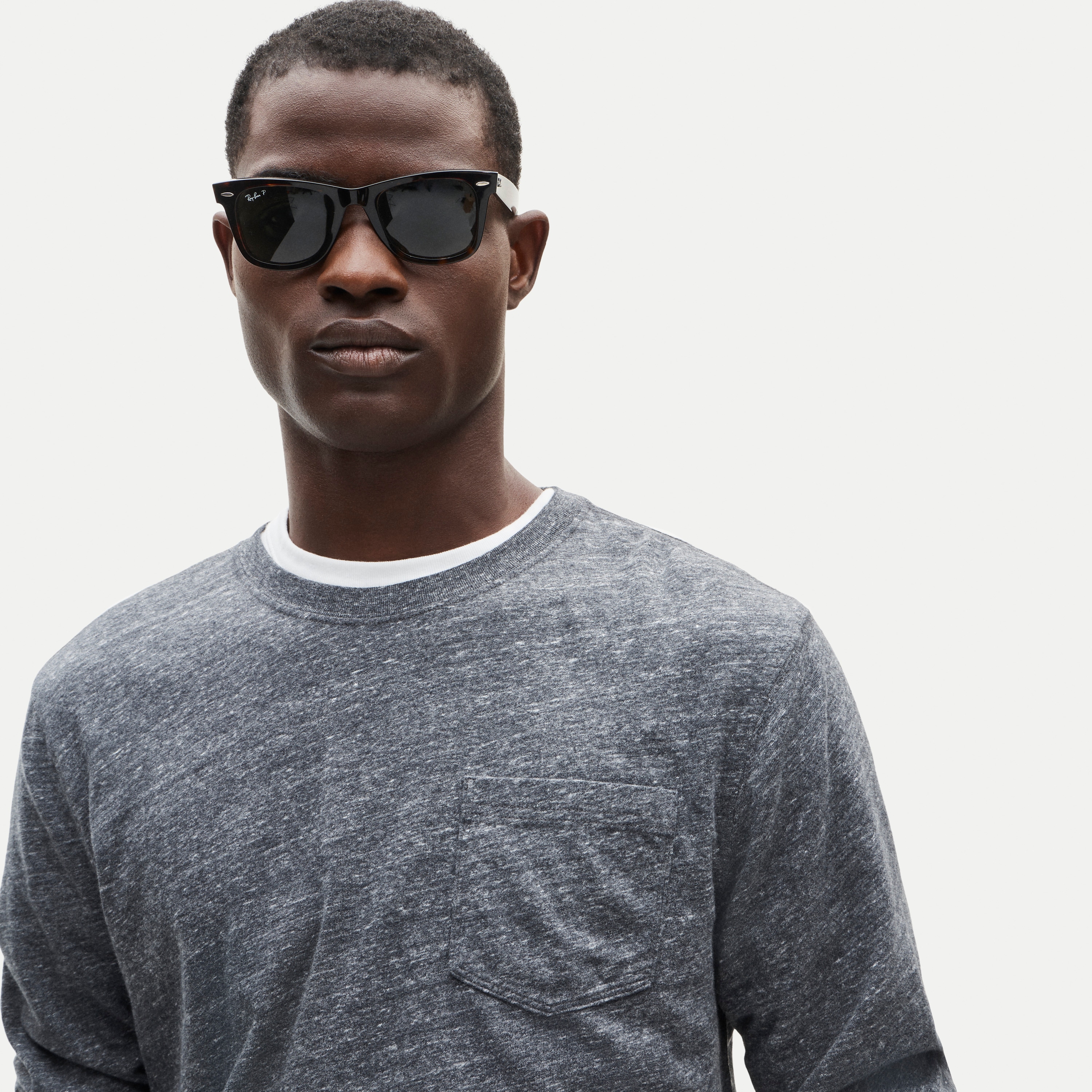 Long-sleeve vintage-wash cotton pocket T-shirt