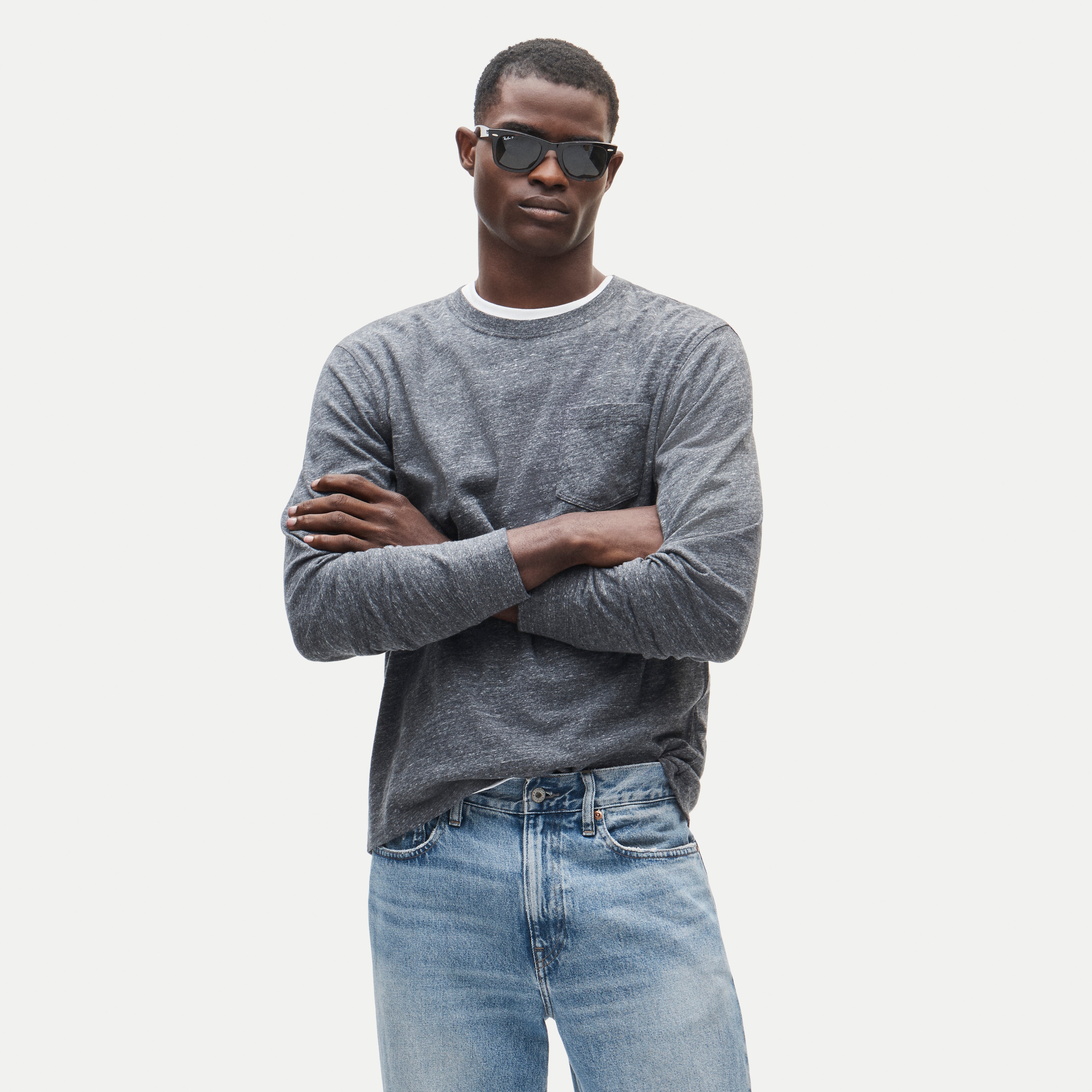 Long-sleeve vintage-wash cotton pocket T-shirt
