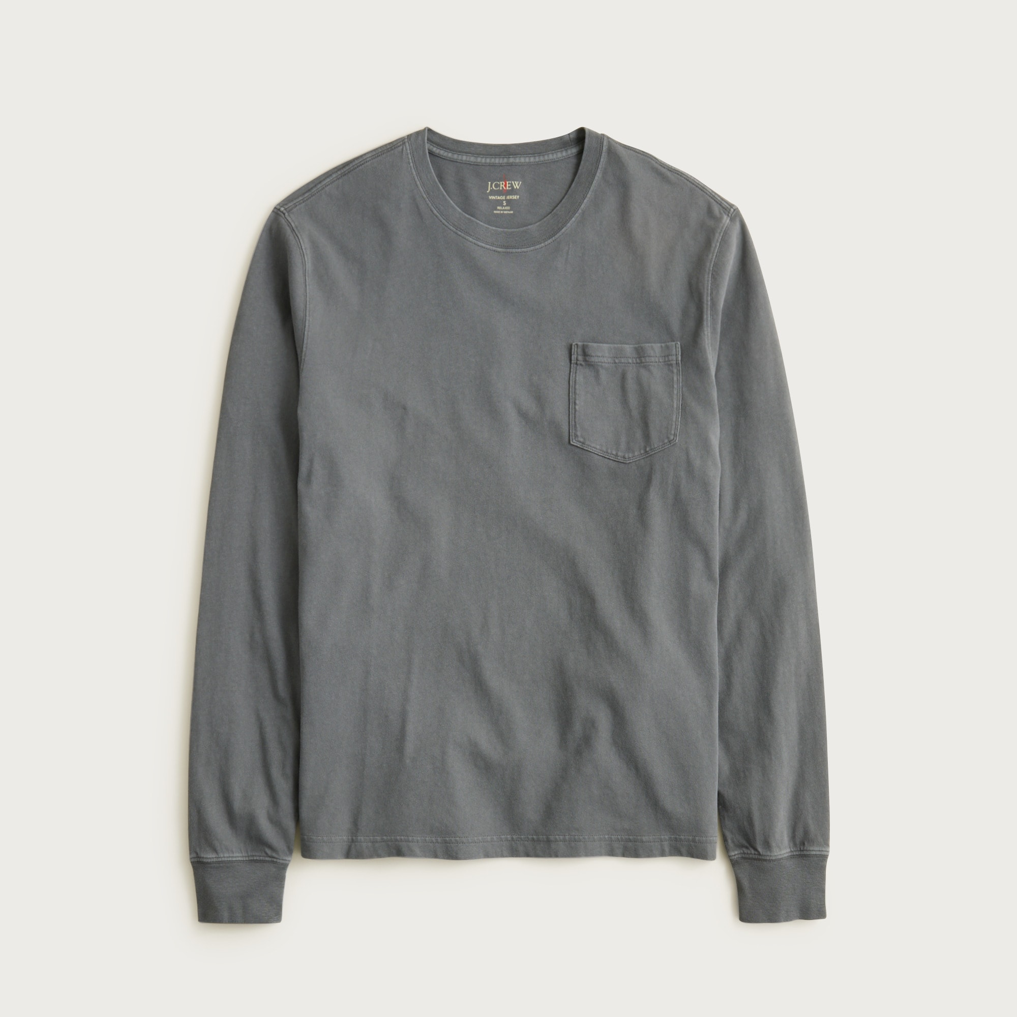 Long-sleeve vintage-wash cotton pocket T-shirt