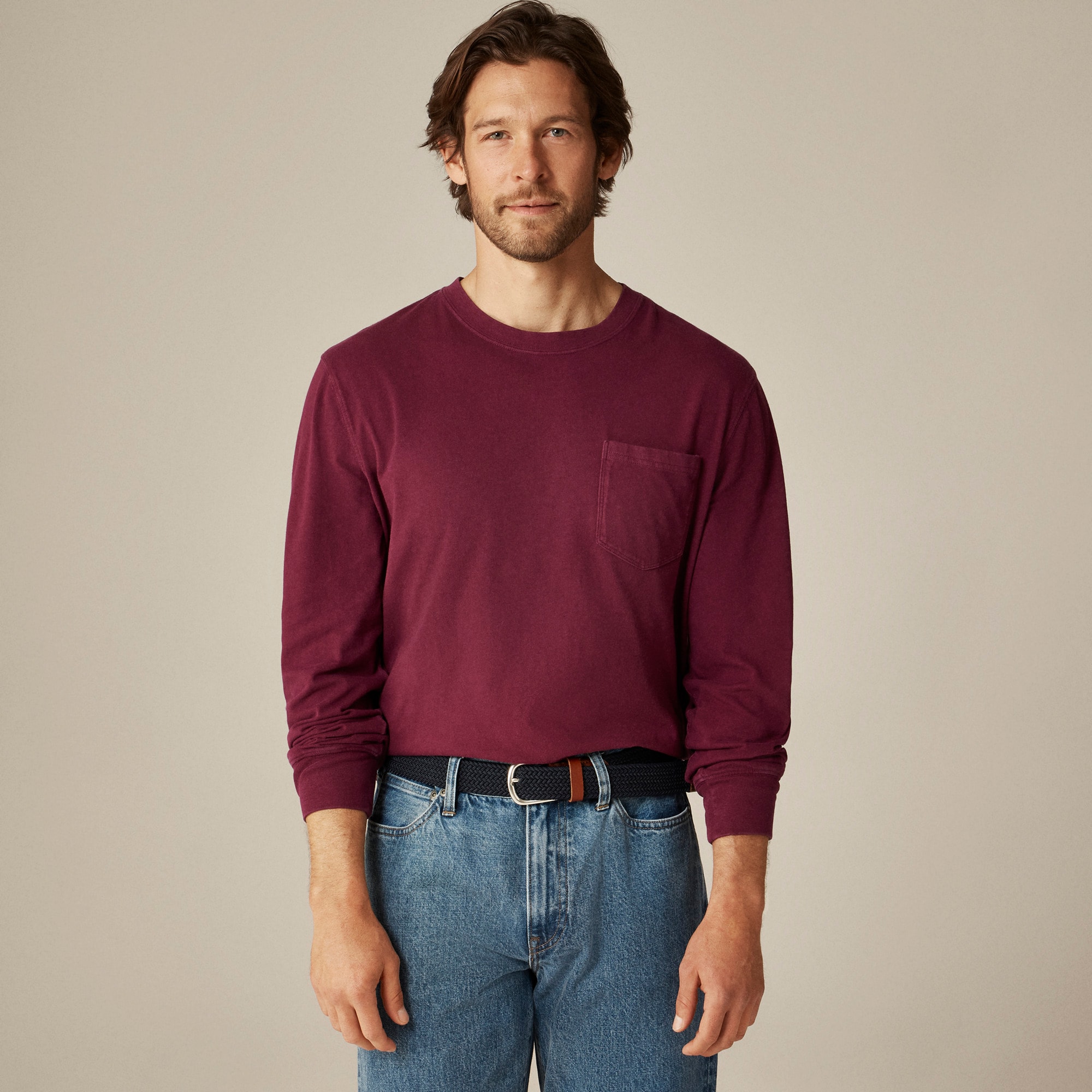  Long-sleeve vintage-wash cotton pocket T-shirt