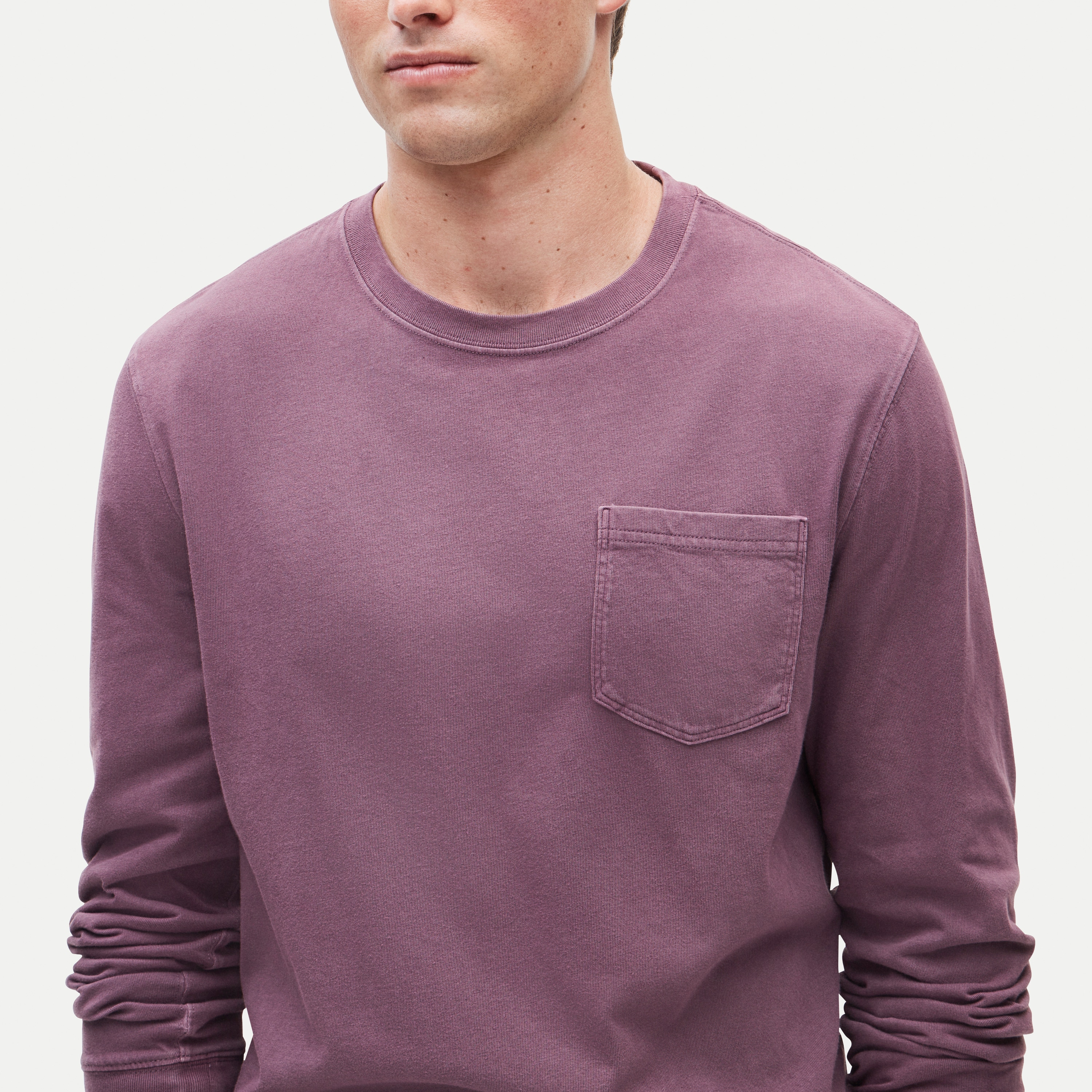 Long-sleeve vintage-wash cotton pocket T-shirt